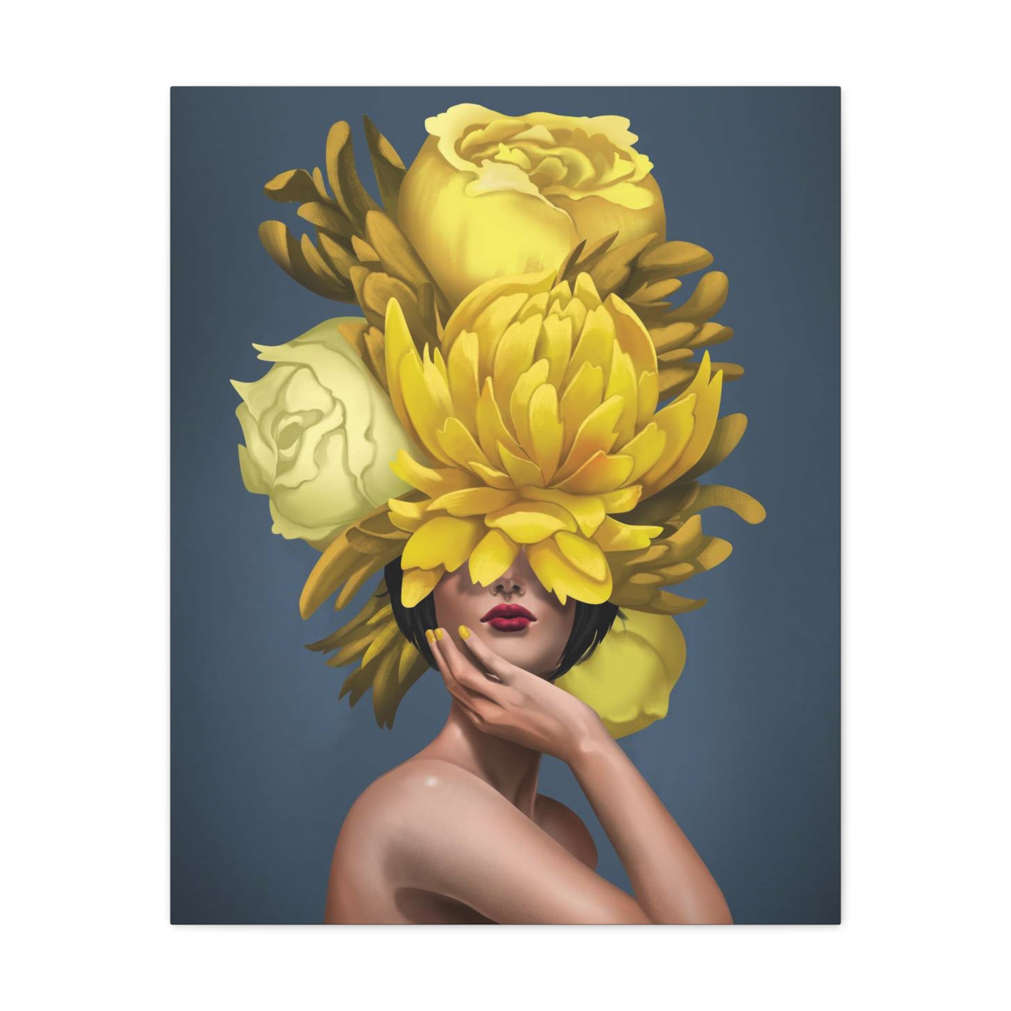 Yellow Floral Femme Canvas Wall Art — Modern Portrait with Giant Flowers