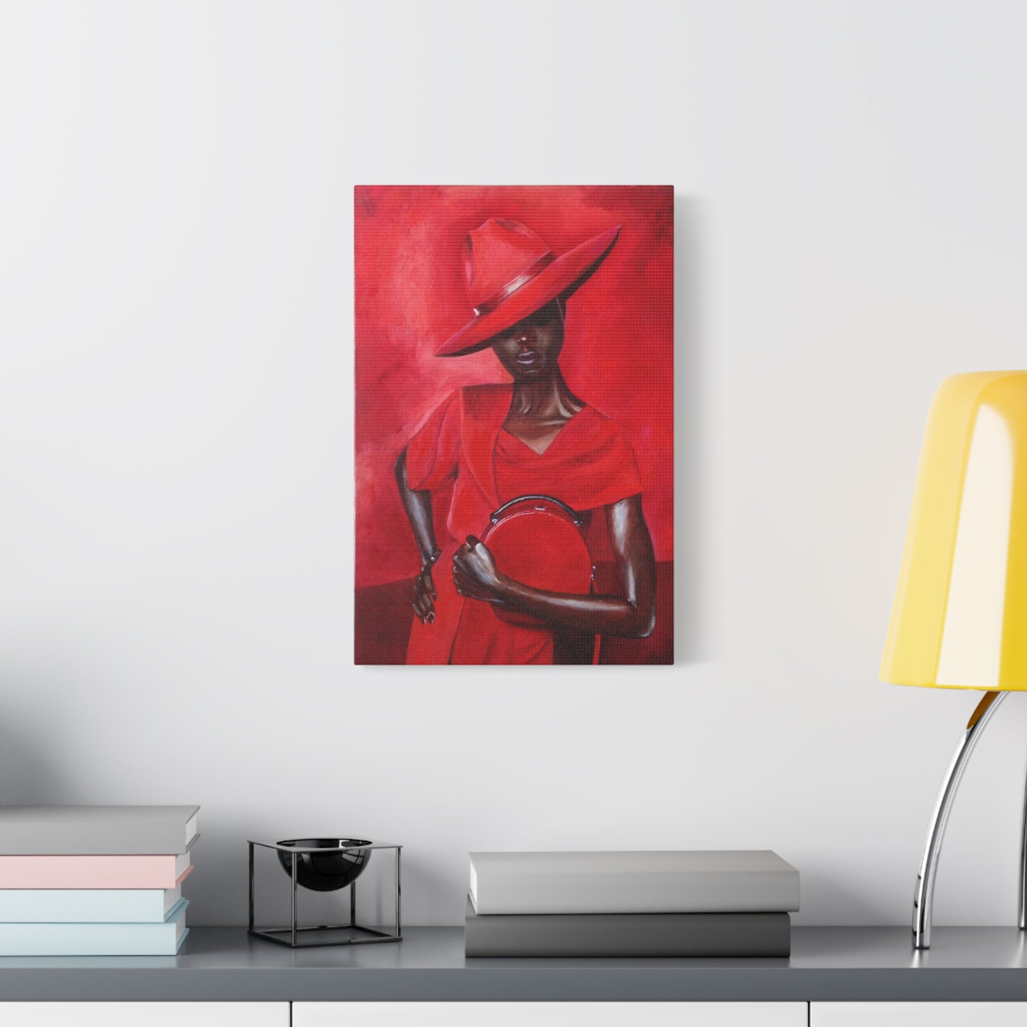 Elegant Red Hat Lady Canvas Print — Fashion Portrait Matte Stretched Wall Art 
