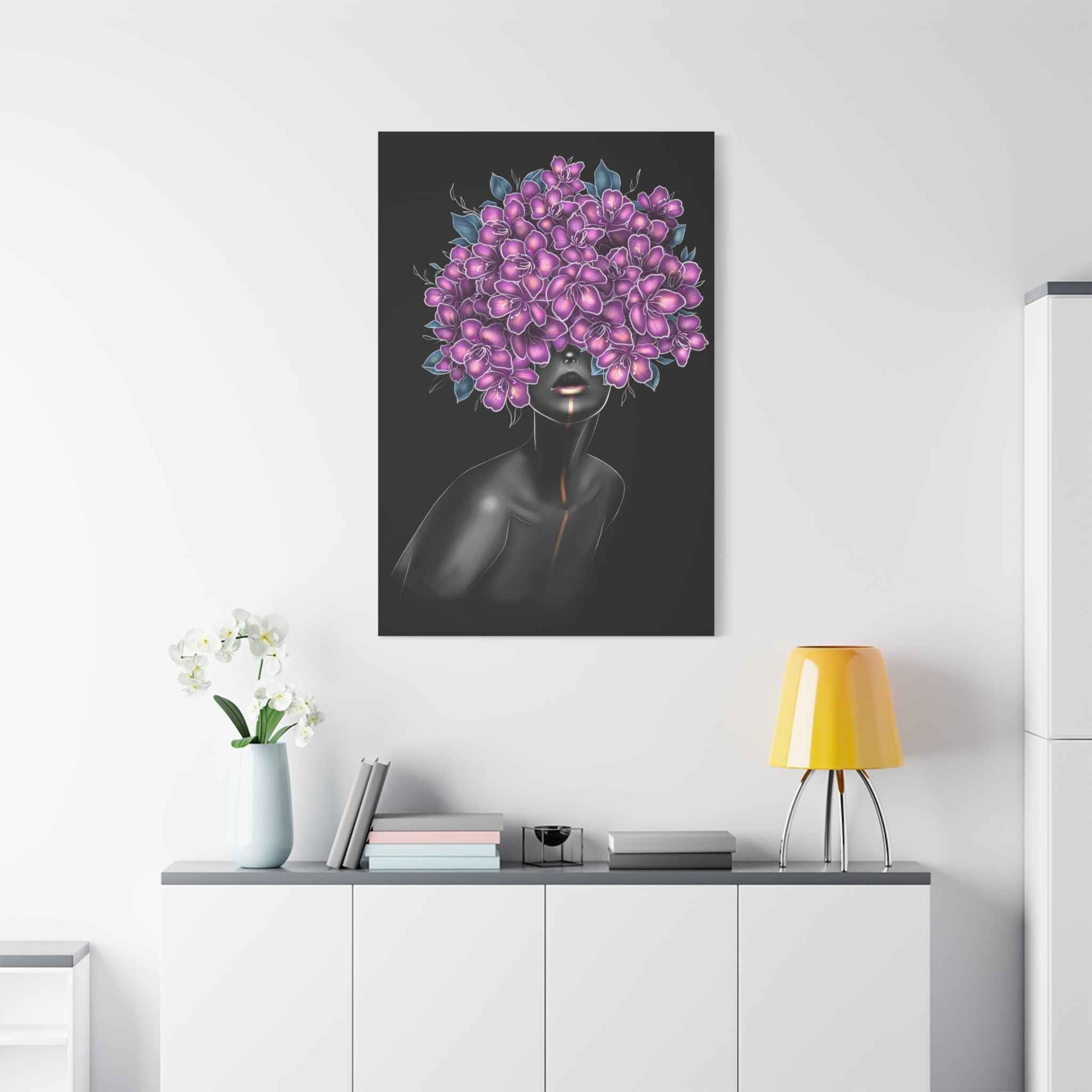 Purple Floral Woman Wall Art, Abstract Black Woman Portrait