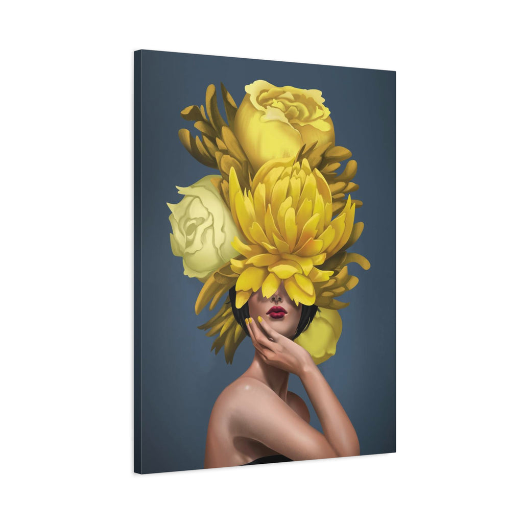 Yellow Floral Femme Canvas Wall Art — Modern Portrait with Giant Flowers 