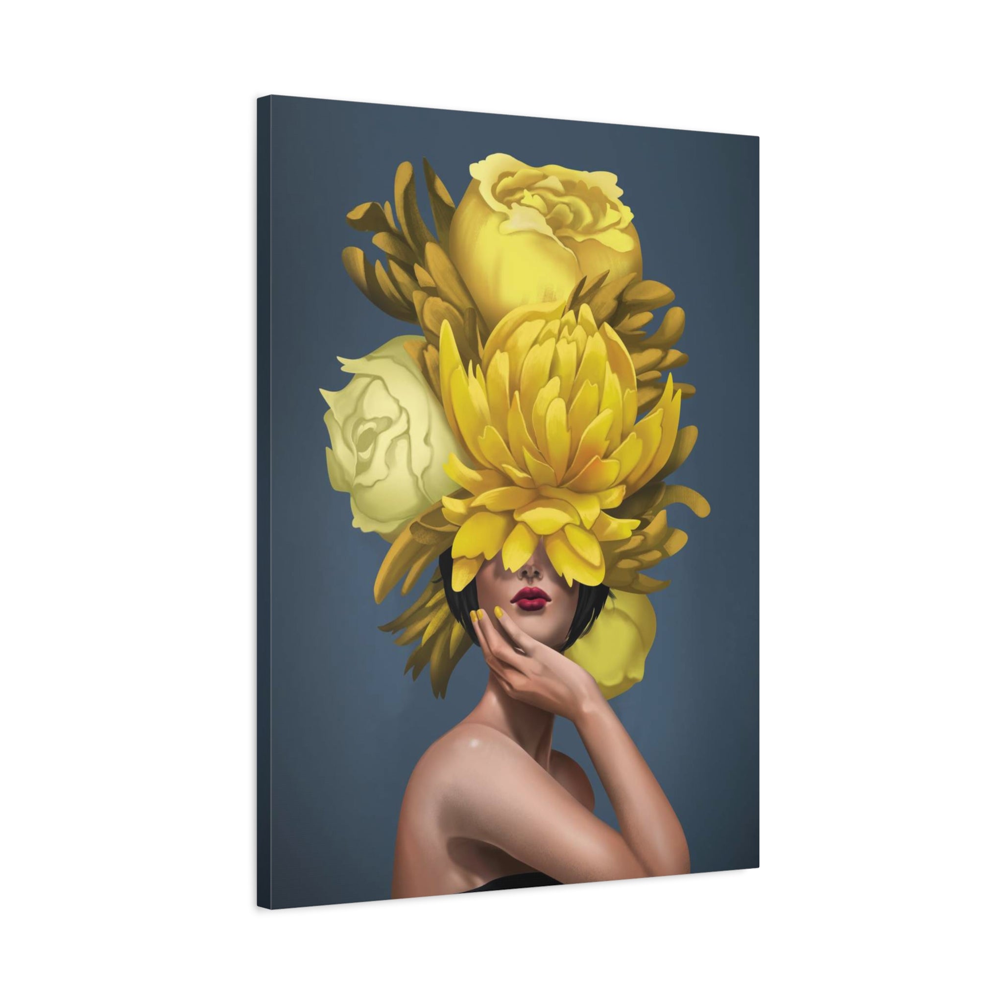 Yellow Floral Femme Canvas Wall Art — Modern Portrait with Giant Flowers 