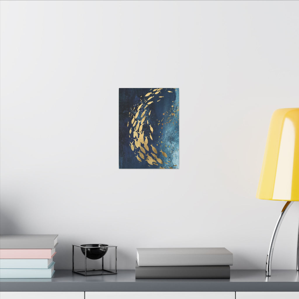 Abstract Gold Fish Canvas — Navy Ocean Wall Art (Matte Stretched)