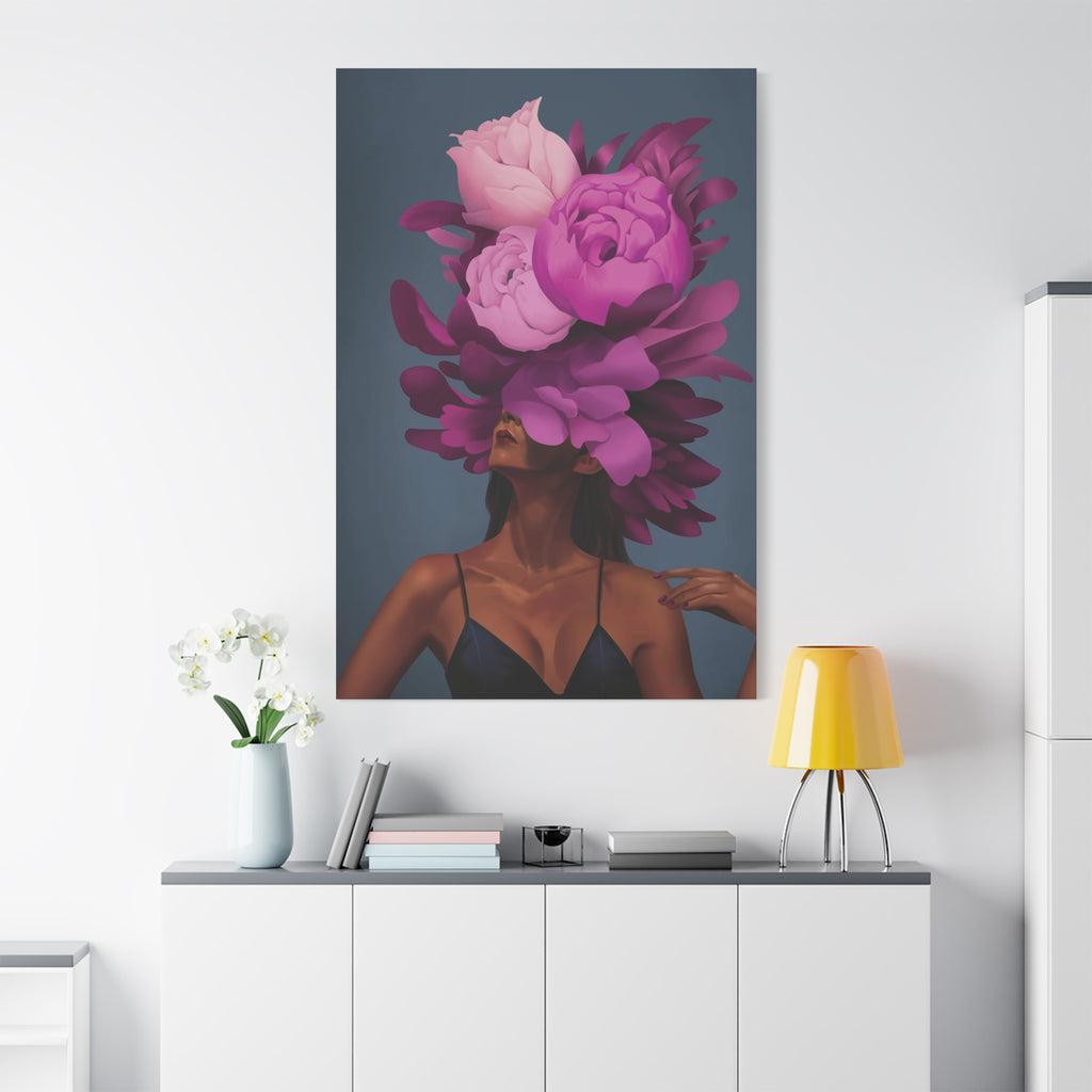 Floral Portrait Canvas Print — Woman with Oversized Pink Peony Hat (Matte Stretched) 