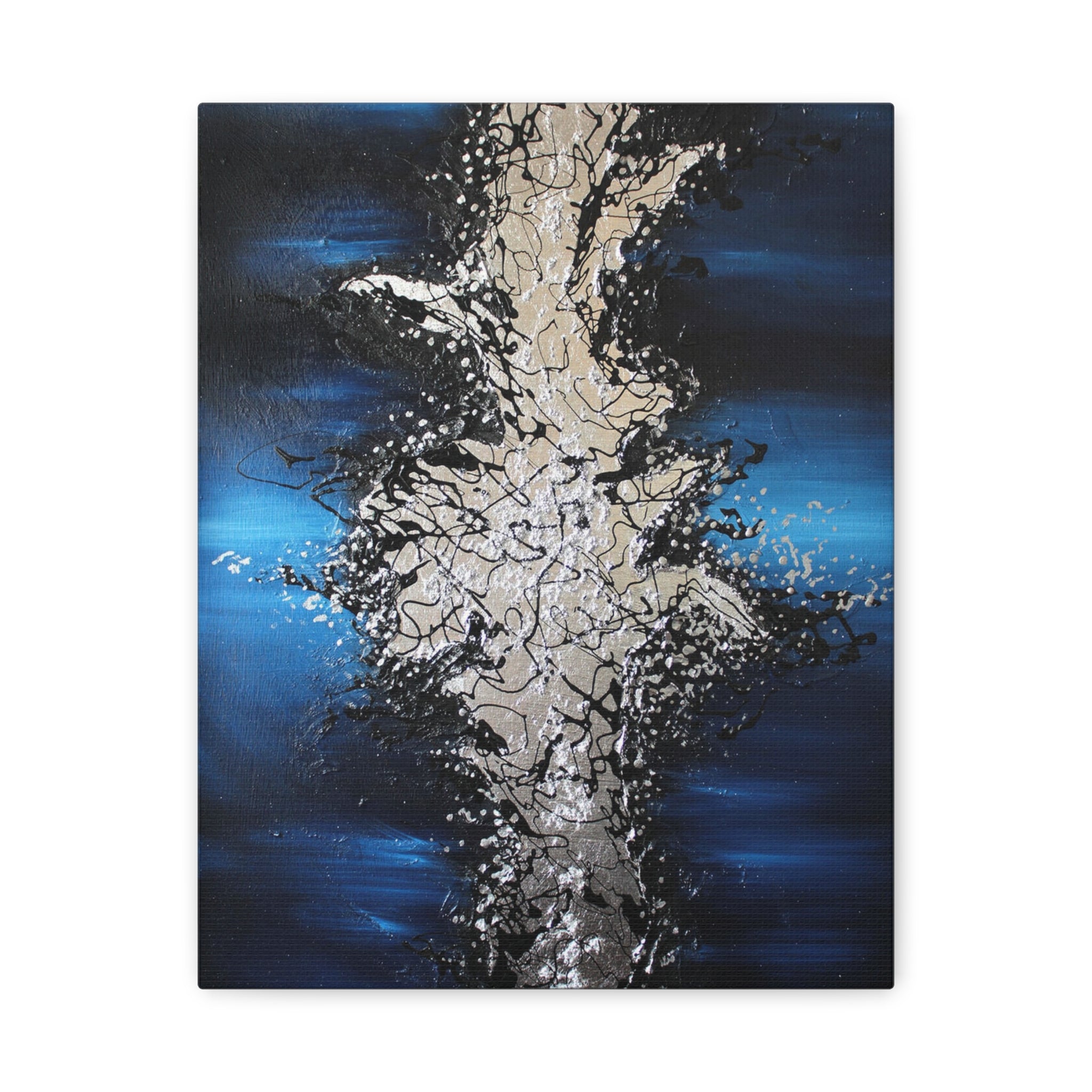 Abstract Oceanic Burst Canvas Print — Blue & Silver Matte Stretched Wall Art 