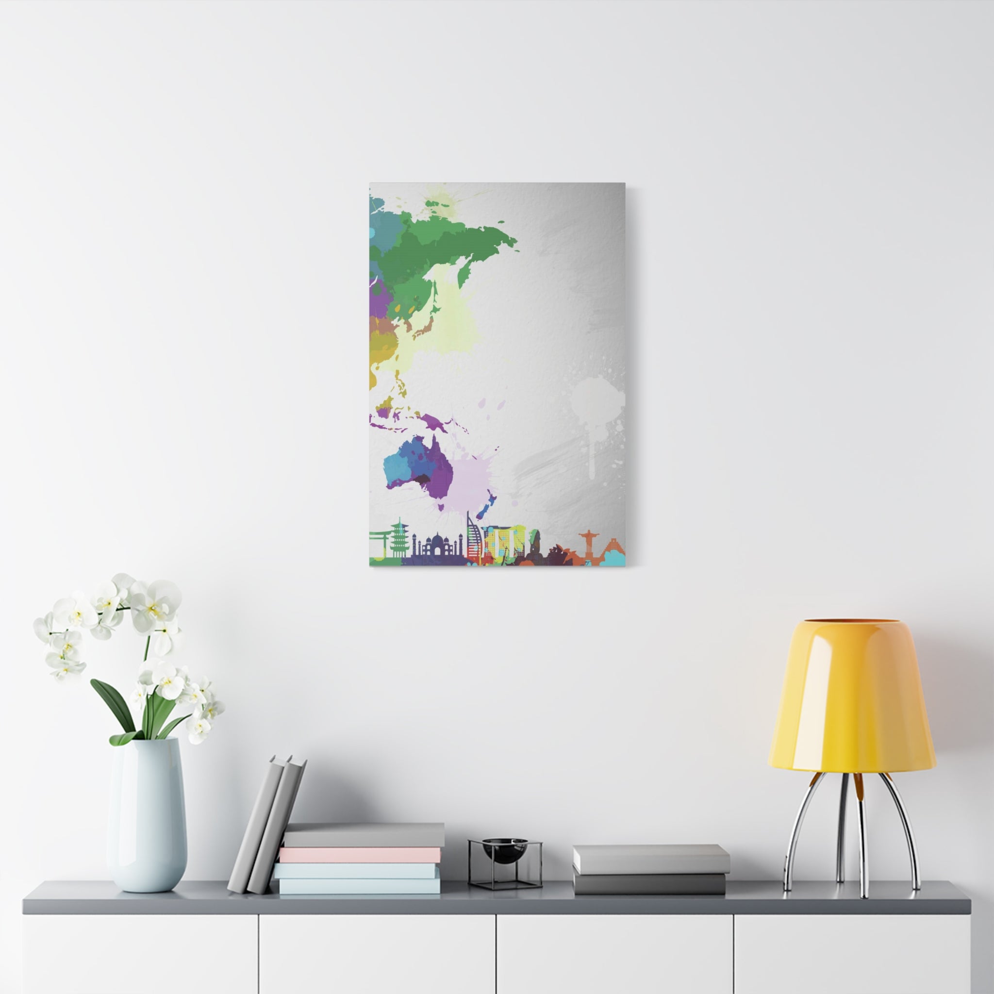 World Map Silhouette Canvas – Colorful Travel Skyline Wall Art