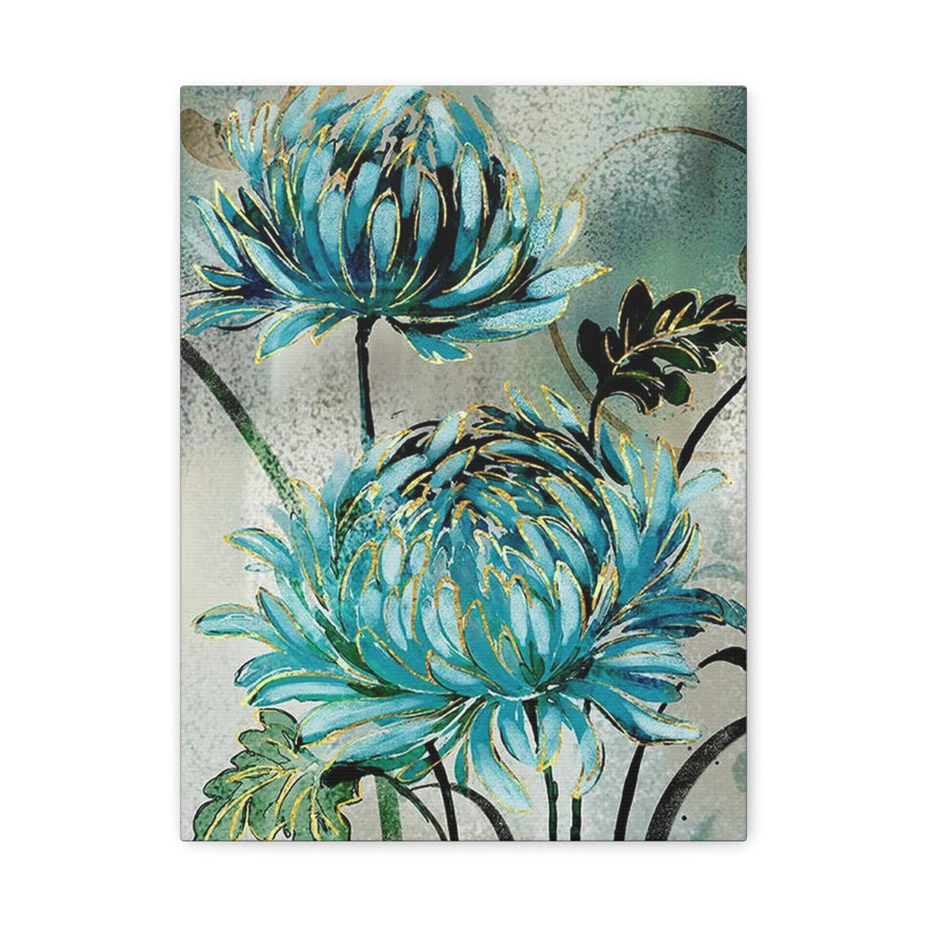 Blue Chrysanthemum Wall Art – Matte Stretched Floral Canvas Print - TheKaraHan