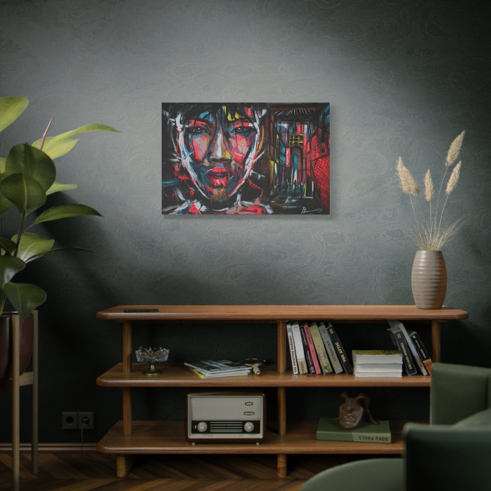 Abstract Neon Portrait Canvas — Urban Asian Street Art Matte Stretched Wall Art 