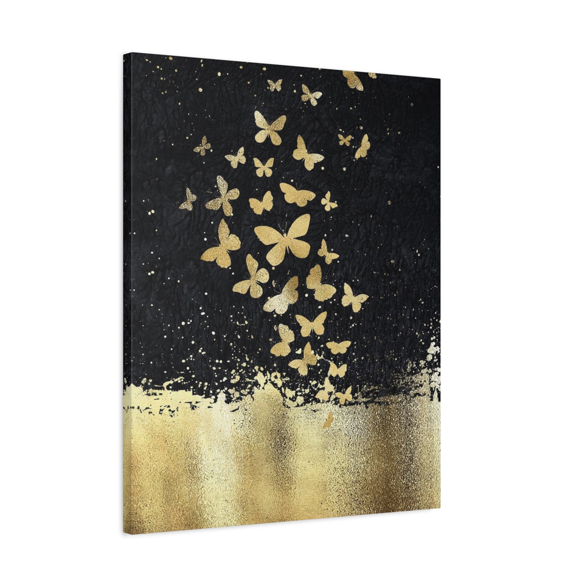 Canvas Art - Gold Butterflies on Black Abstract Matte Stretched Canvas