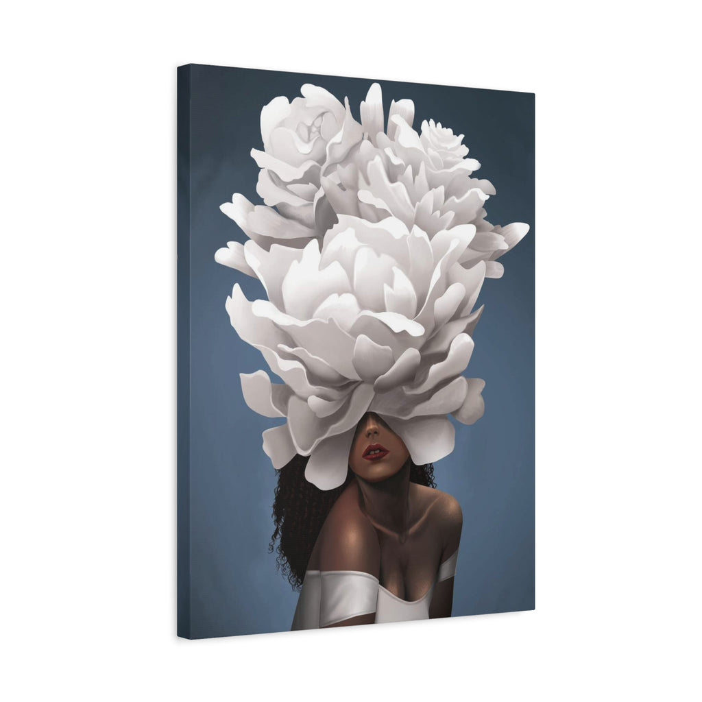 Floral Veil Canvas Wall Art — Elegant Woman with Oversized White Peony 