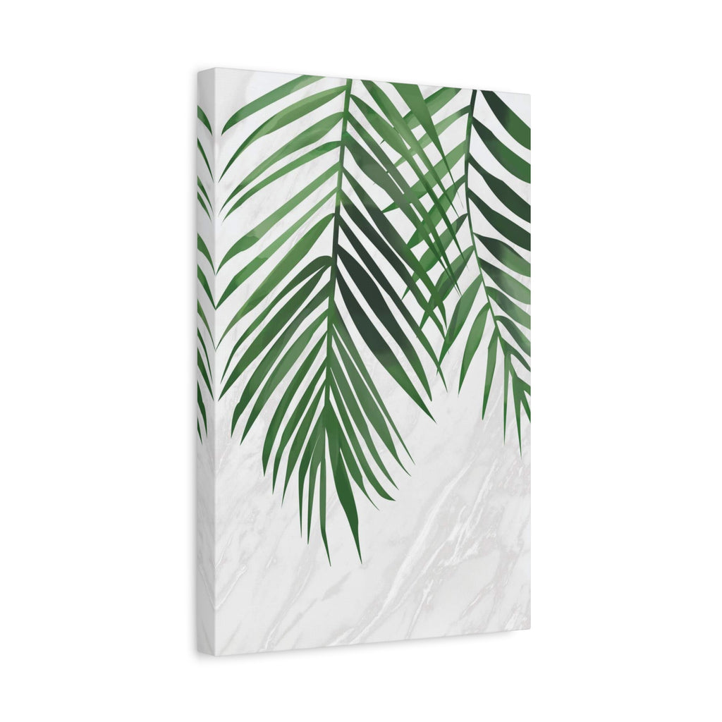 Tropical Palm Leaf Canvas Wall Art — Green Palm Fronds on Marble Matte Canvas 