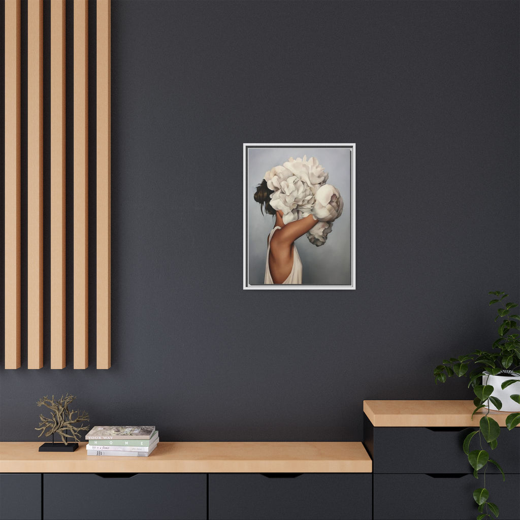 Framed Matte Canvas Art — Woman with Oversized White Peonies (Neutral Floral Wall Decor)