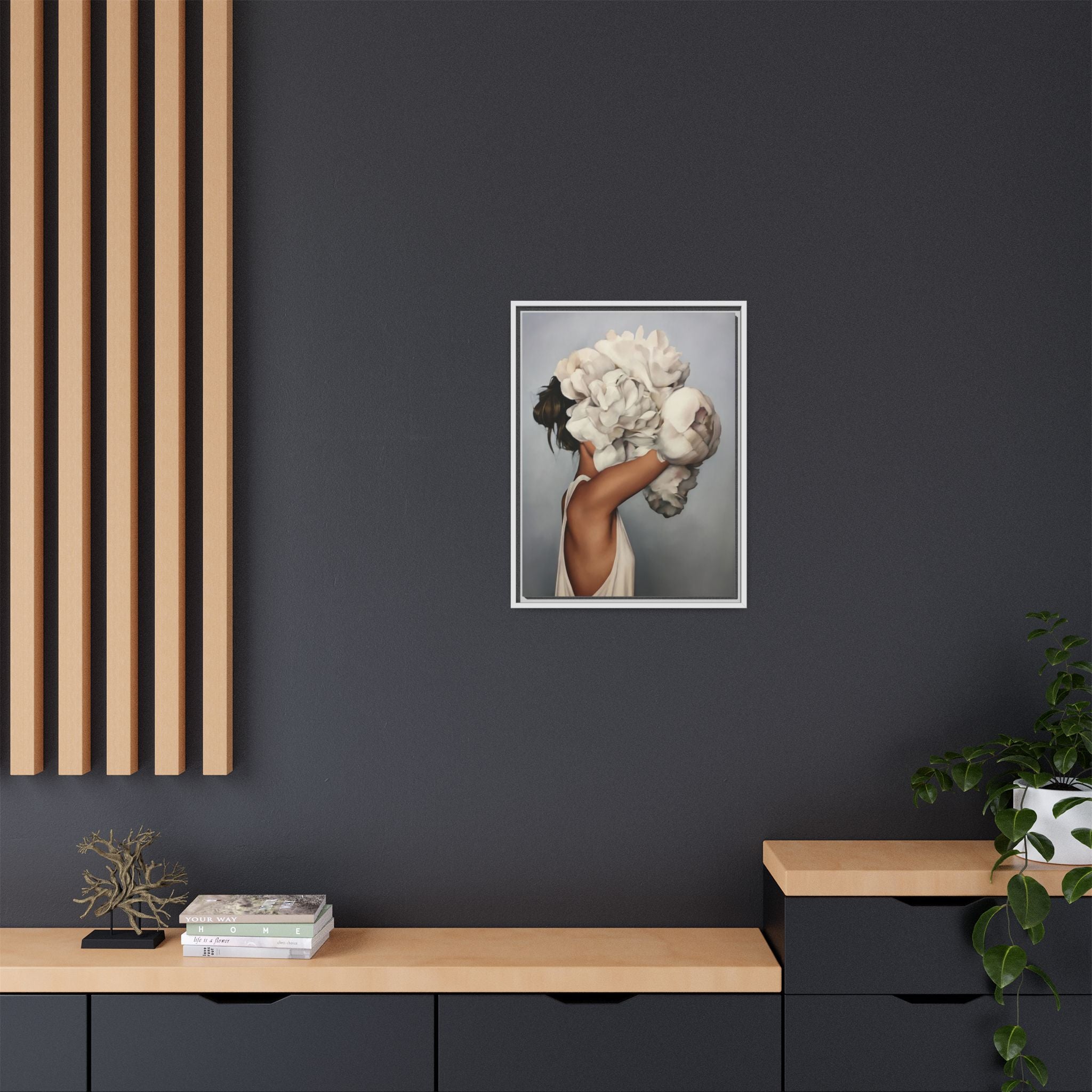 Framed Matte Canvas Art — Woman with Oversized White Peonies (Neutral Floral Wall Decor)