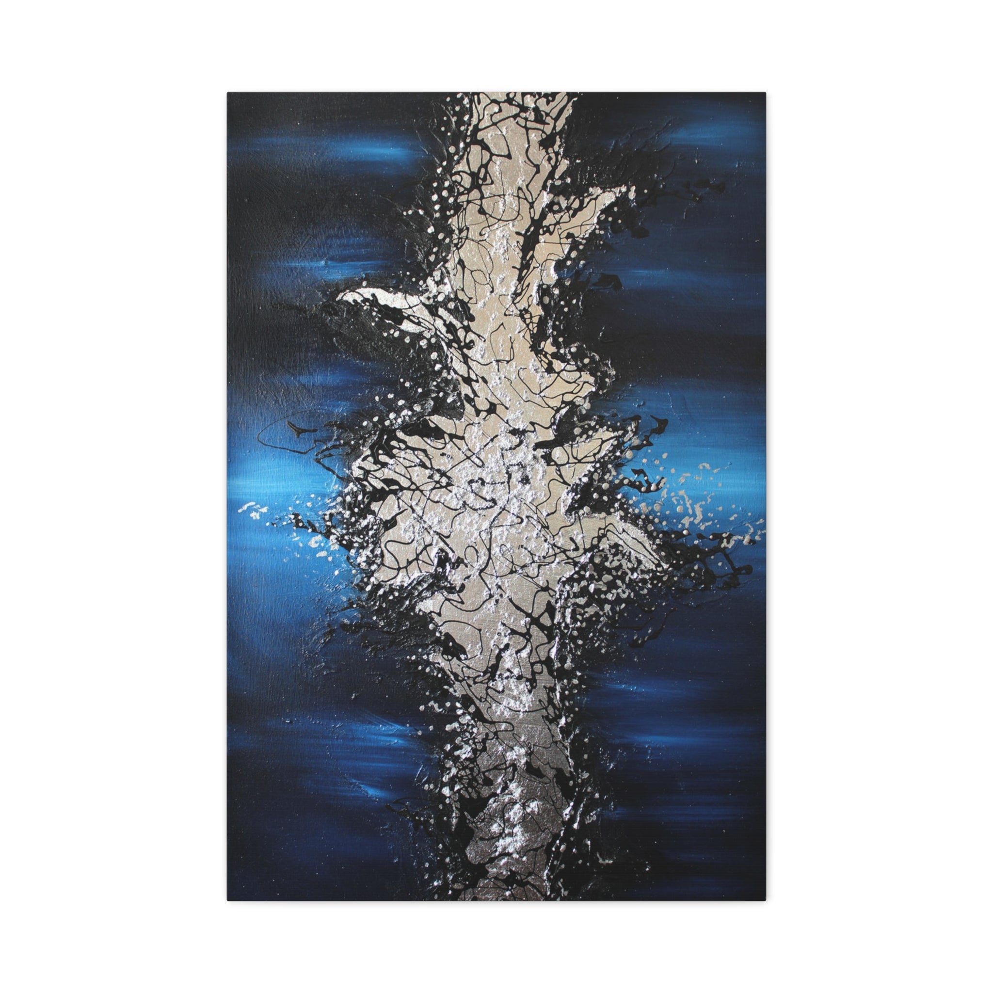 Abstract Oceanic Burst Canvas Print — Blue & Silver Matte Stretched Wall Art 
