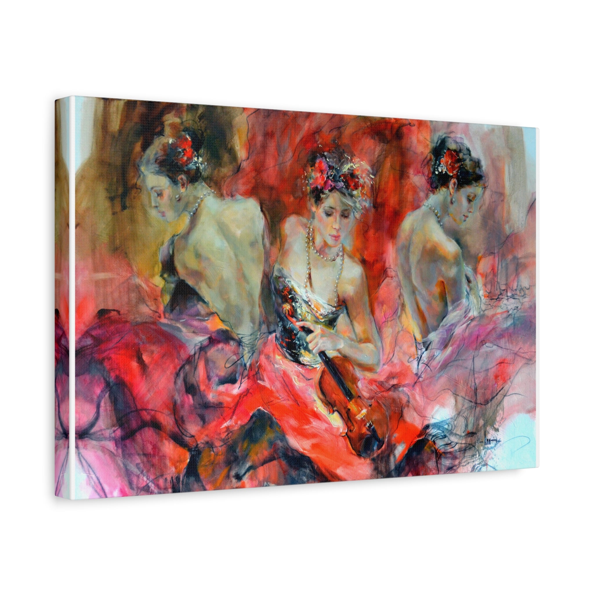 Flamenco Dancers Matte Canvas Wall Art — Vibrant Red Ballet Trio Painting 
