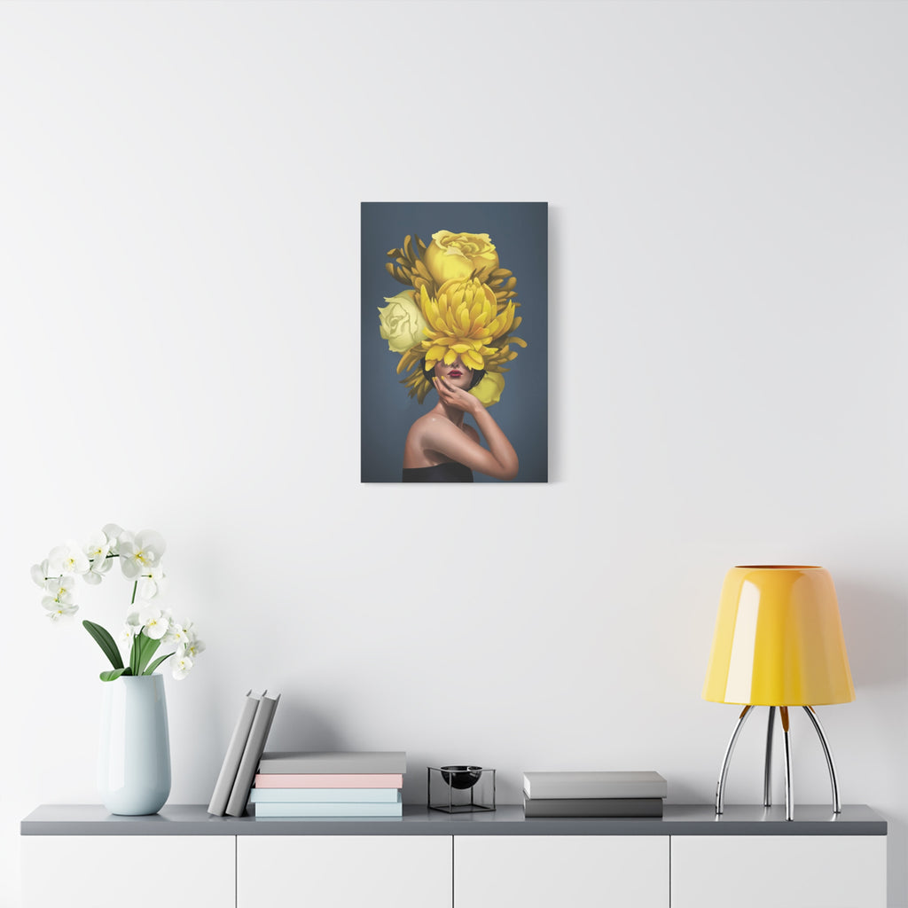 Yellow Floral Femme Canvas Wall Art — Modern Portrait with Giant Flowers 