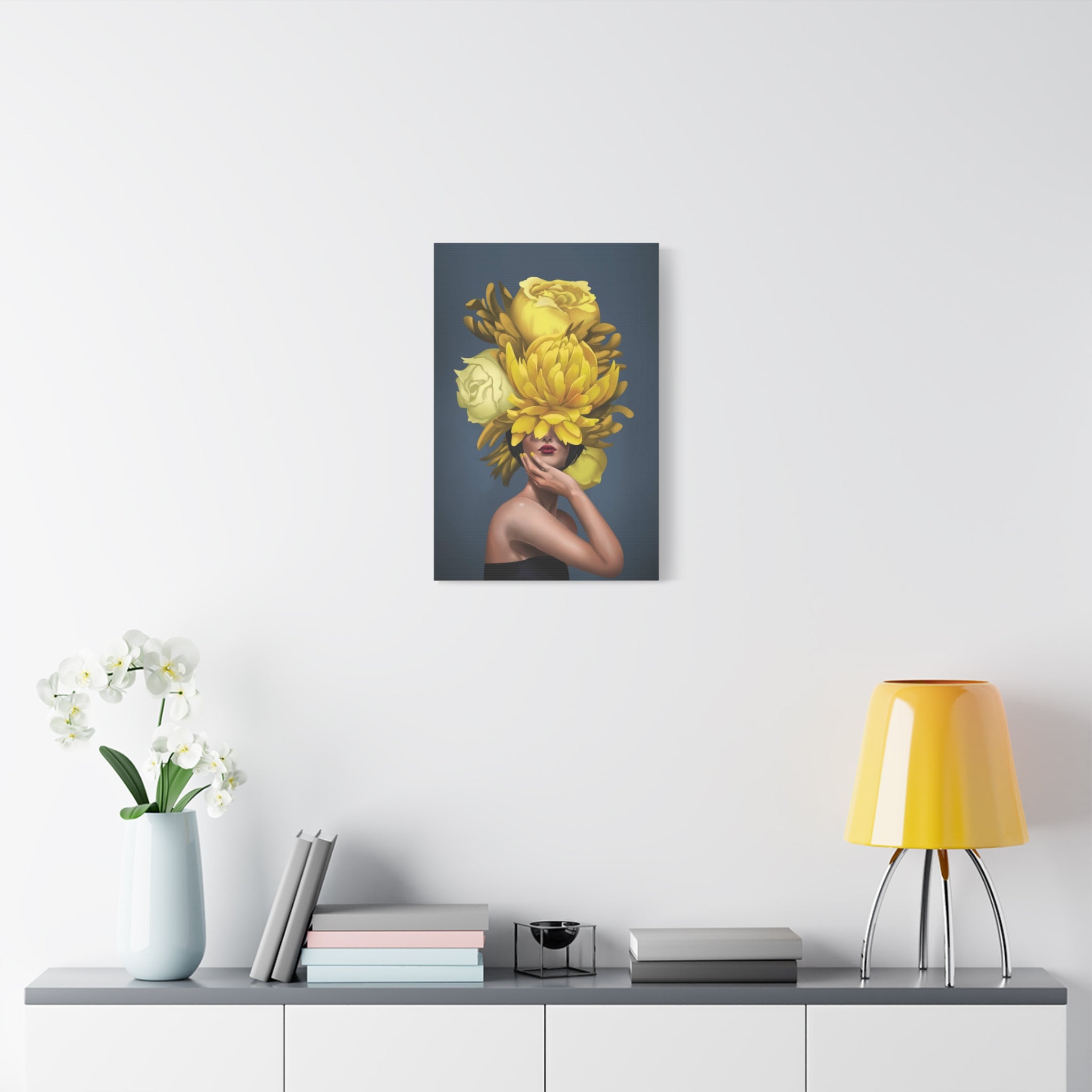 Yellow Floral Femme Canvas Wall Art — Modern Portrait with Giant Flowers 