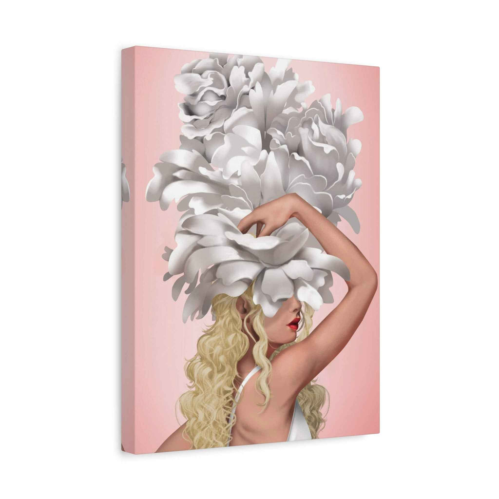 Blushing Muse Floral Canvas Print featuring Woman in Oversized White Peony Hat - TheKaraHan