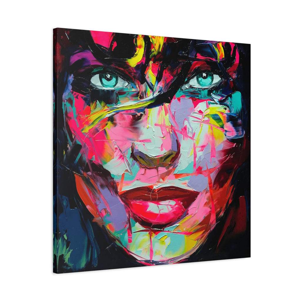 Colorful Abstract Portrait Canvas Print — Neon Female Face Matte Stretched Wall Art