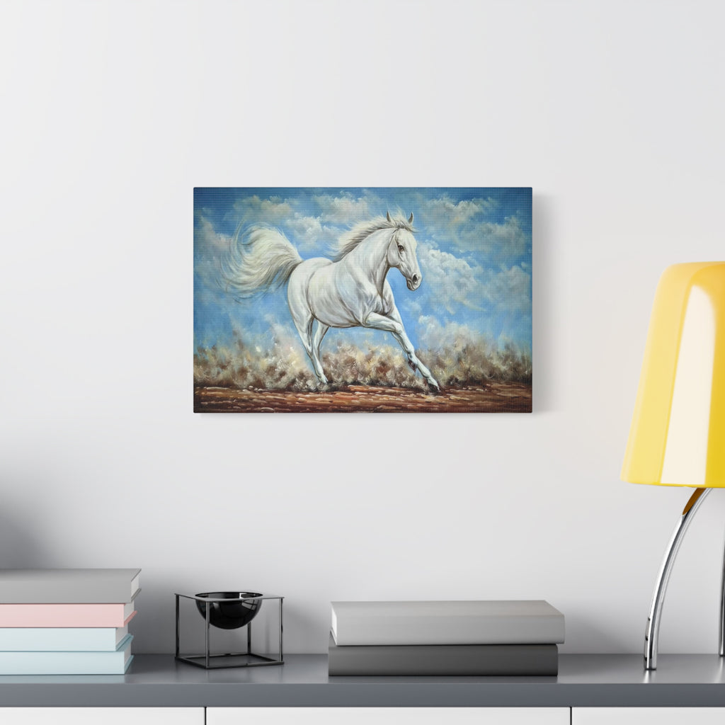 White Horse Running Canvas Wall Art — Stretched Matte Canvas 