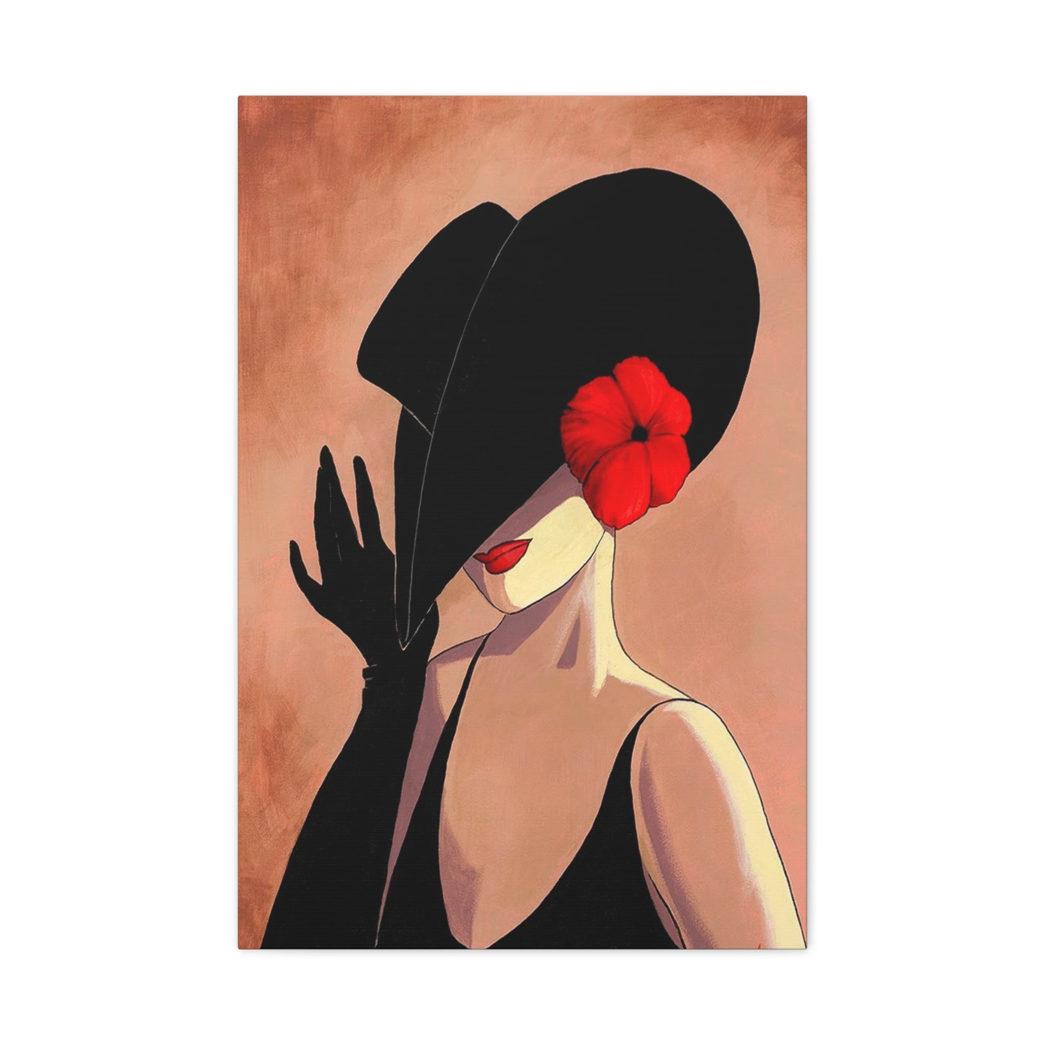 Elegant Lady with Black Hat Canvas Art — Red Flower Portrait 