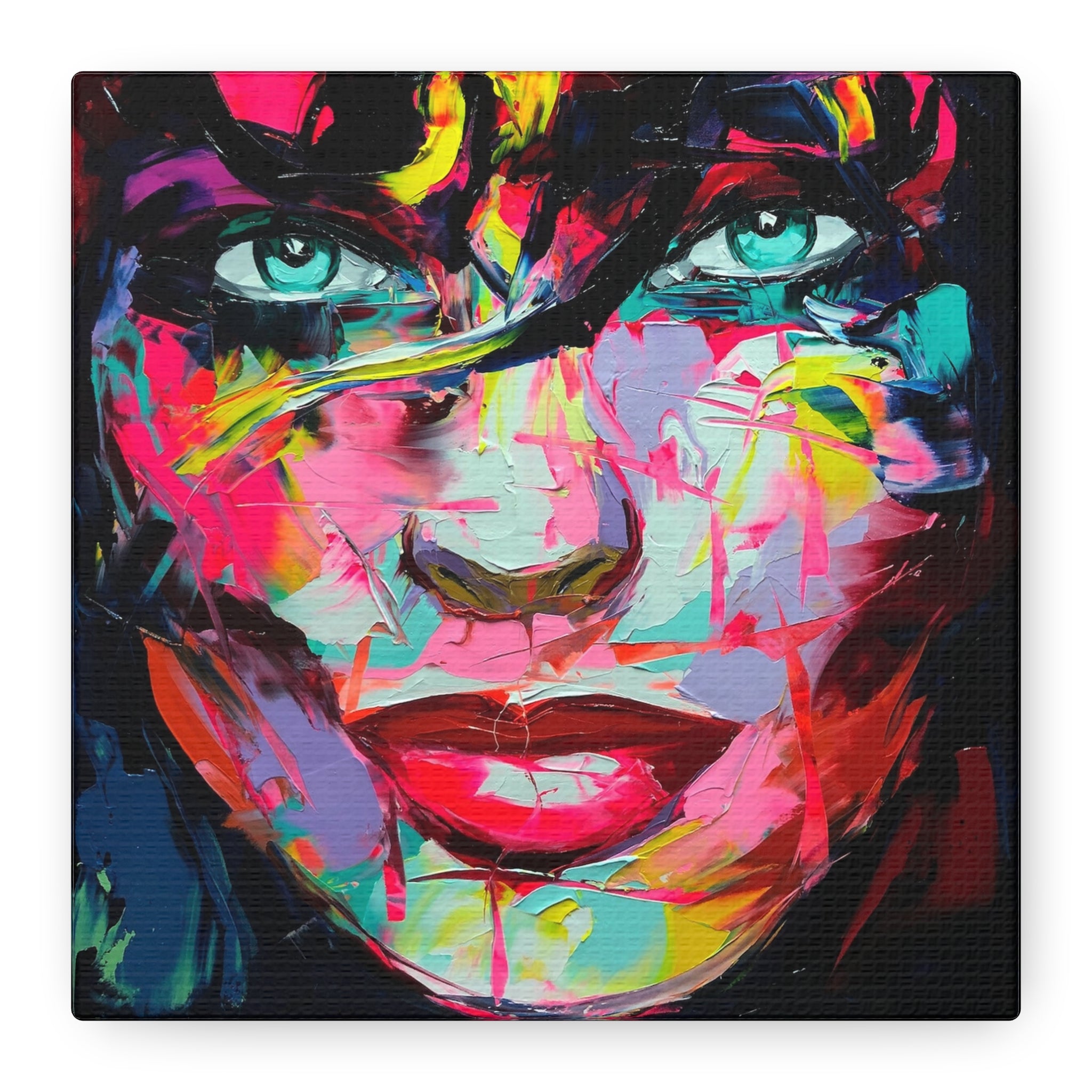 Colorful Abstract Portrait Canvas Print — Neon Female Face Matte Stretched Wall Art 