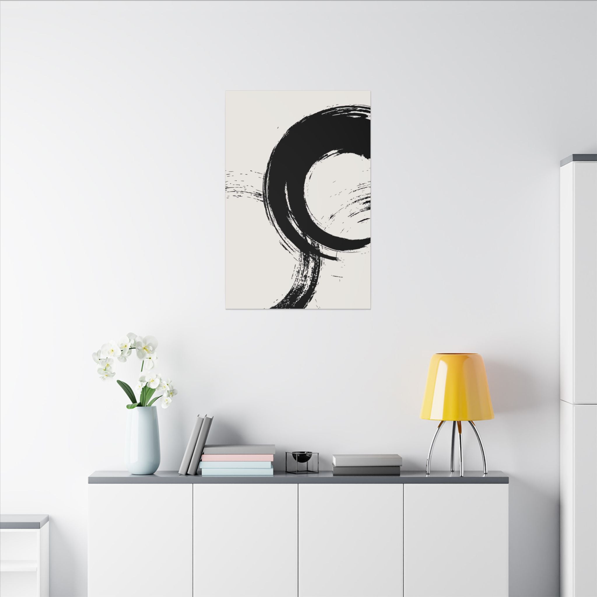 Zen Brushstroke Canvas Wall Art — Minimal Black Circle Abstract
