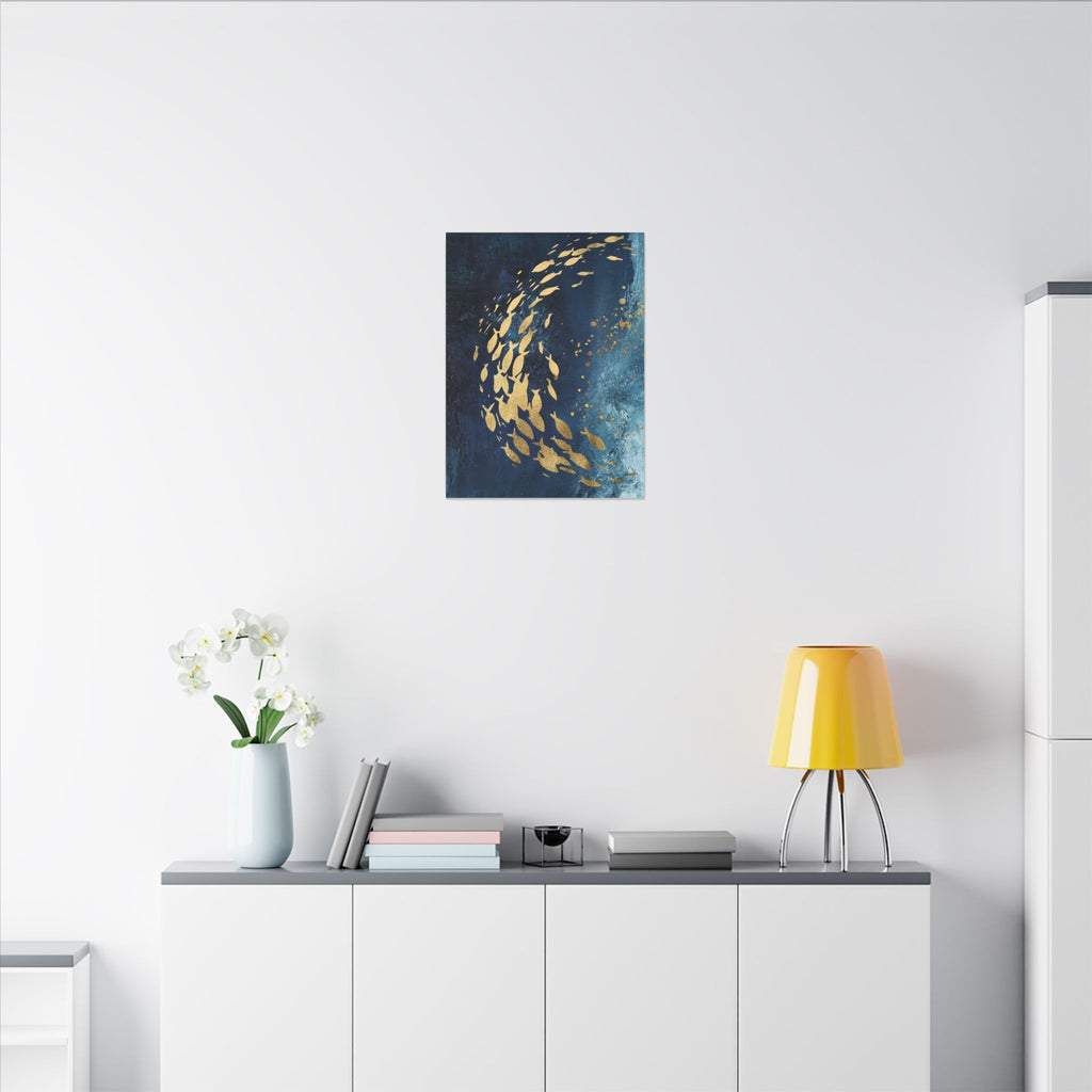 Abstract Gold Fish Canvas — Navy Ocean Wall Art (Matte Stretched)