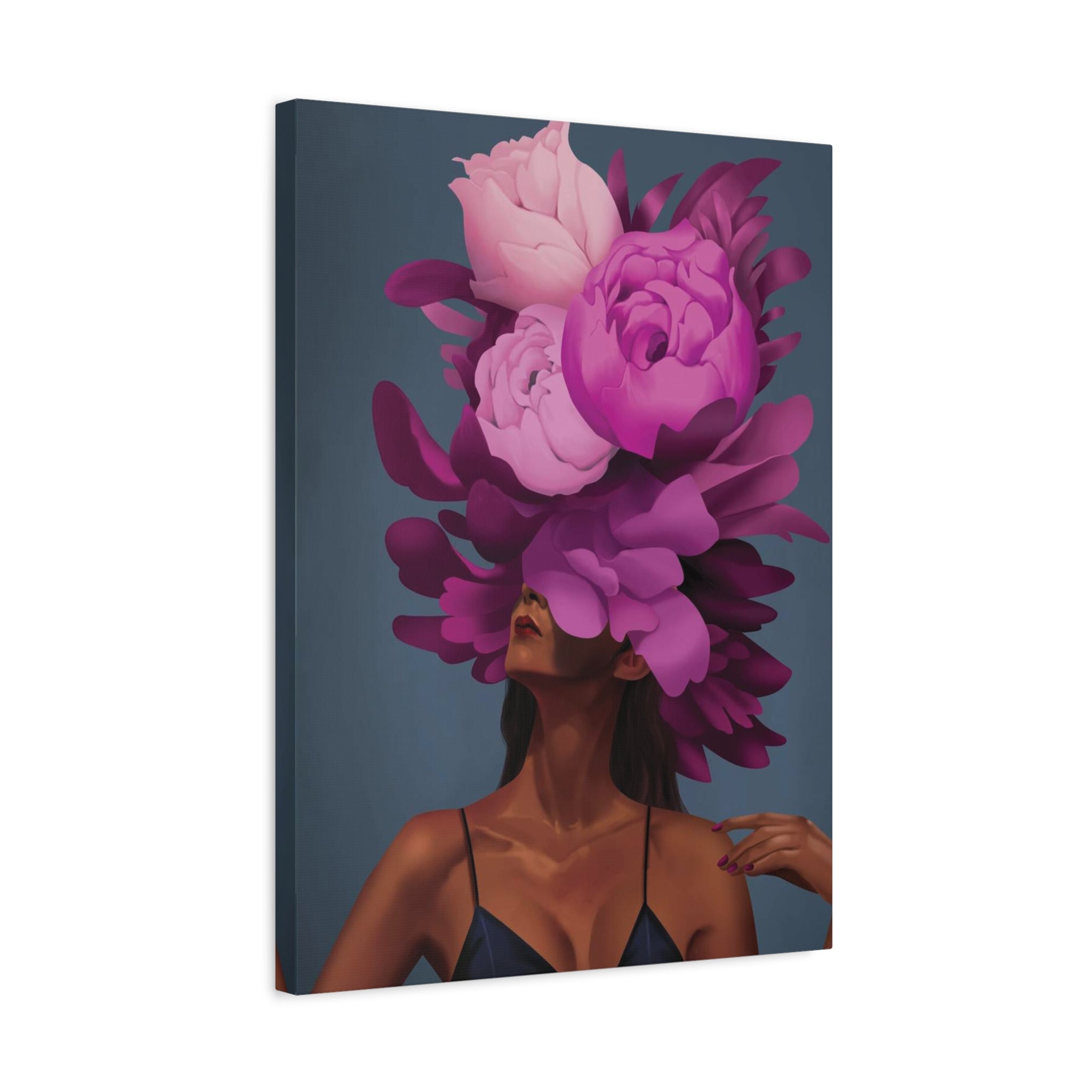 Floral Portrait Canvas Print — Woman with Oversized Pink Peony Hat (Matte Stretched) 