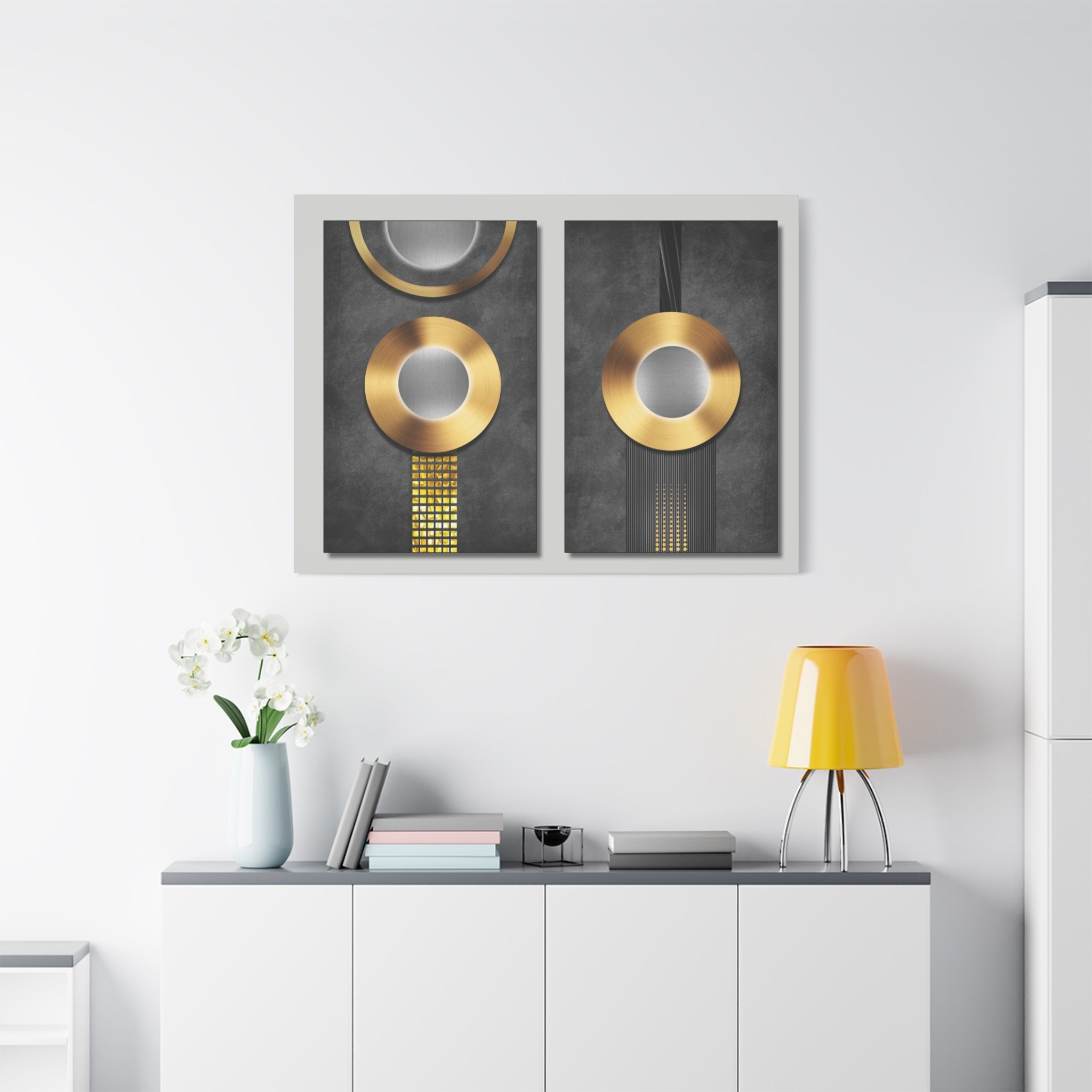 Modern Gold Circles Abstract Canvas Wall Art — Matte Stretched Diptych
