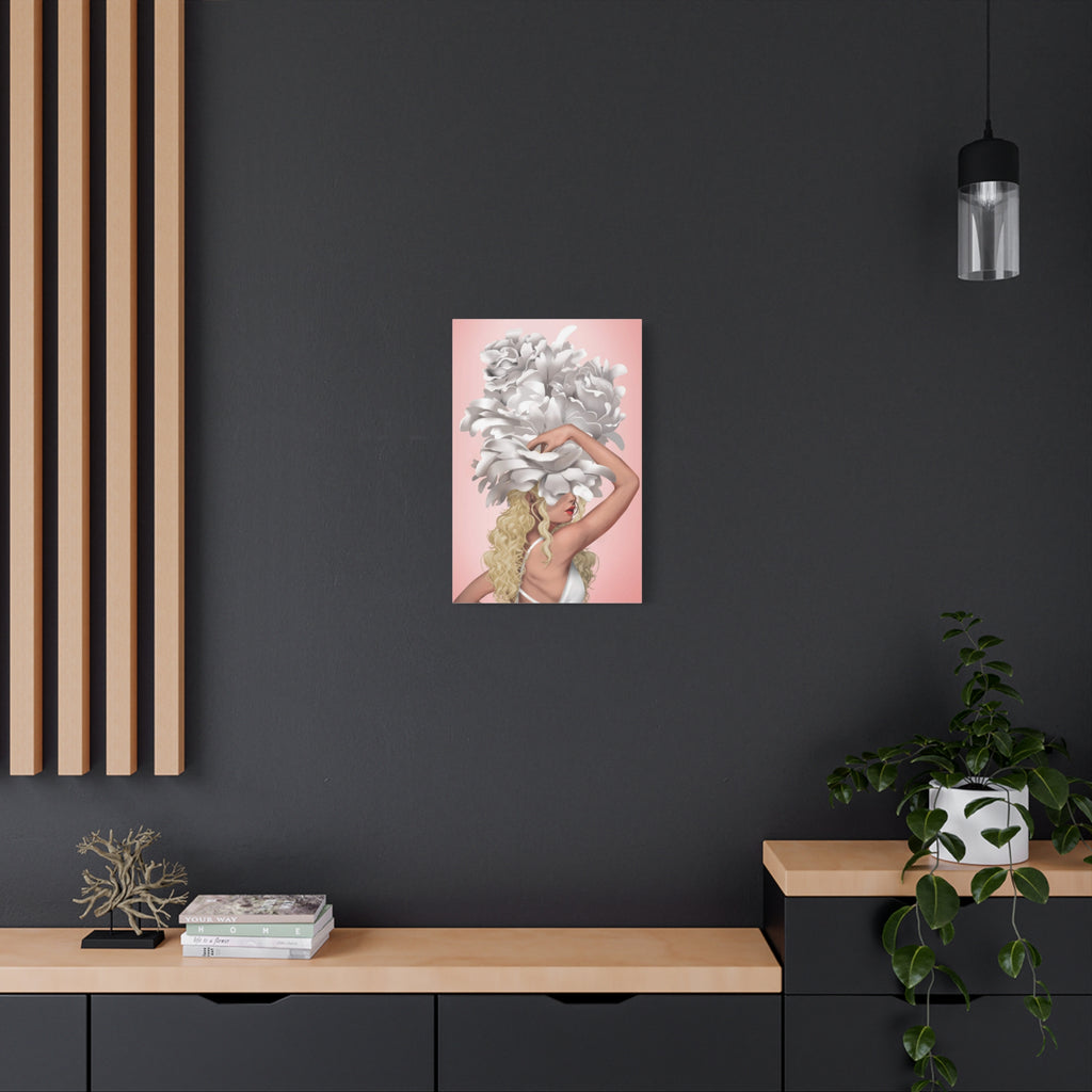 Blushing Muse Floral Canvas Print — Woman with Oversized White Peony Hat