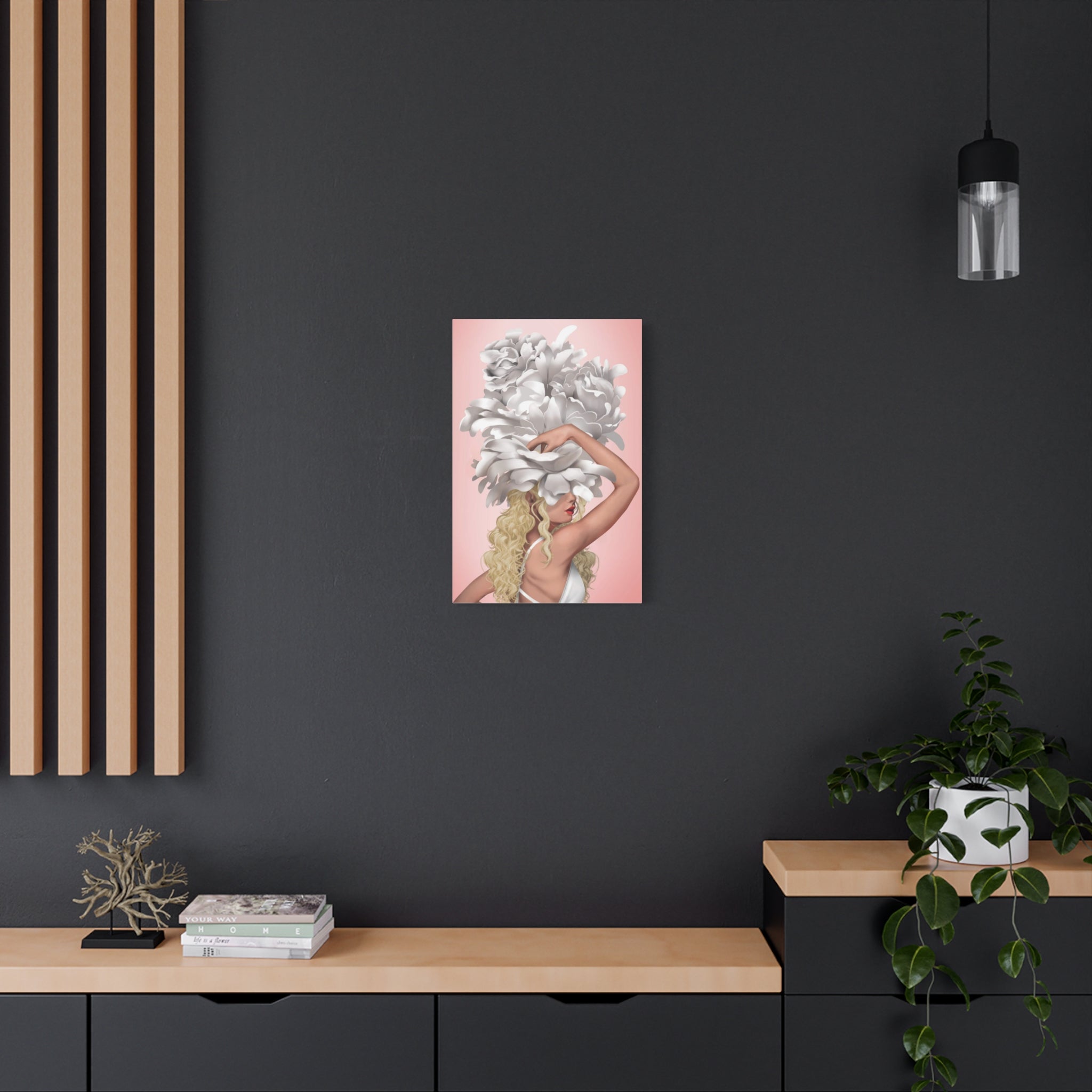 Blushing Muse Floral Canvas Print — Woman with Oversized White Peony Hat