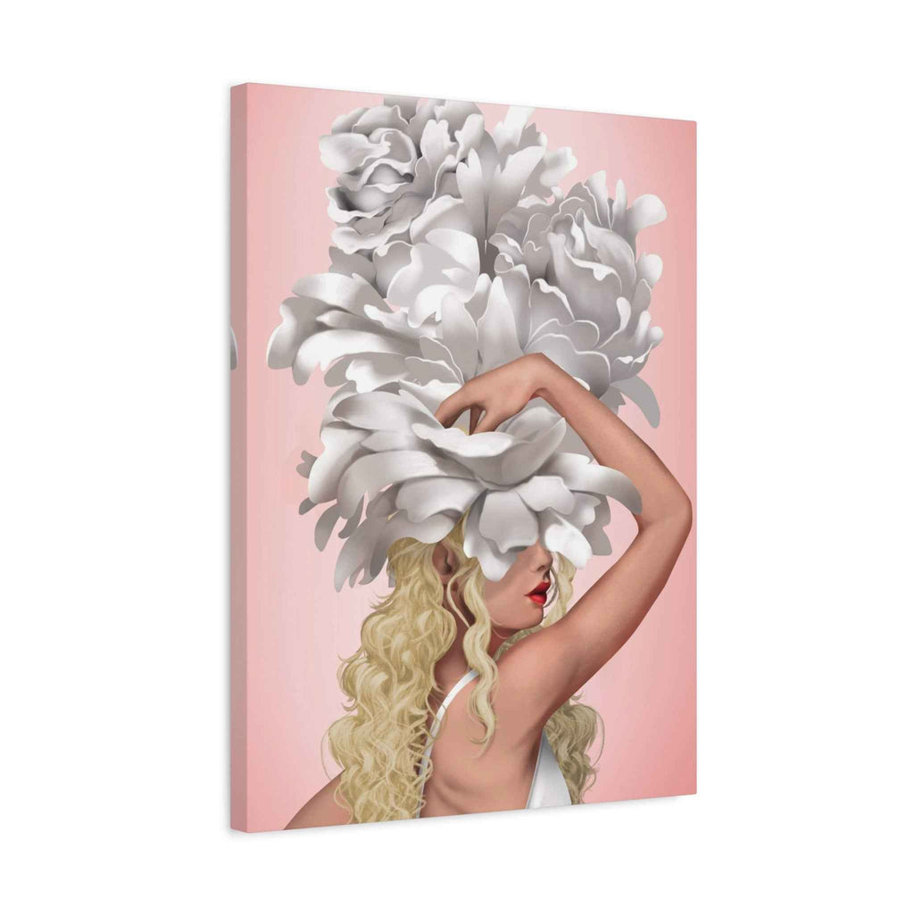 Blushing Muse Floral Canvas Print featuring Woman in Oversized White Peony Hat - TheKaraHan