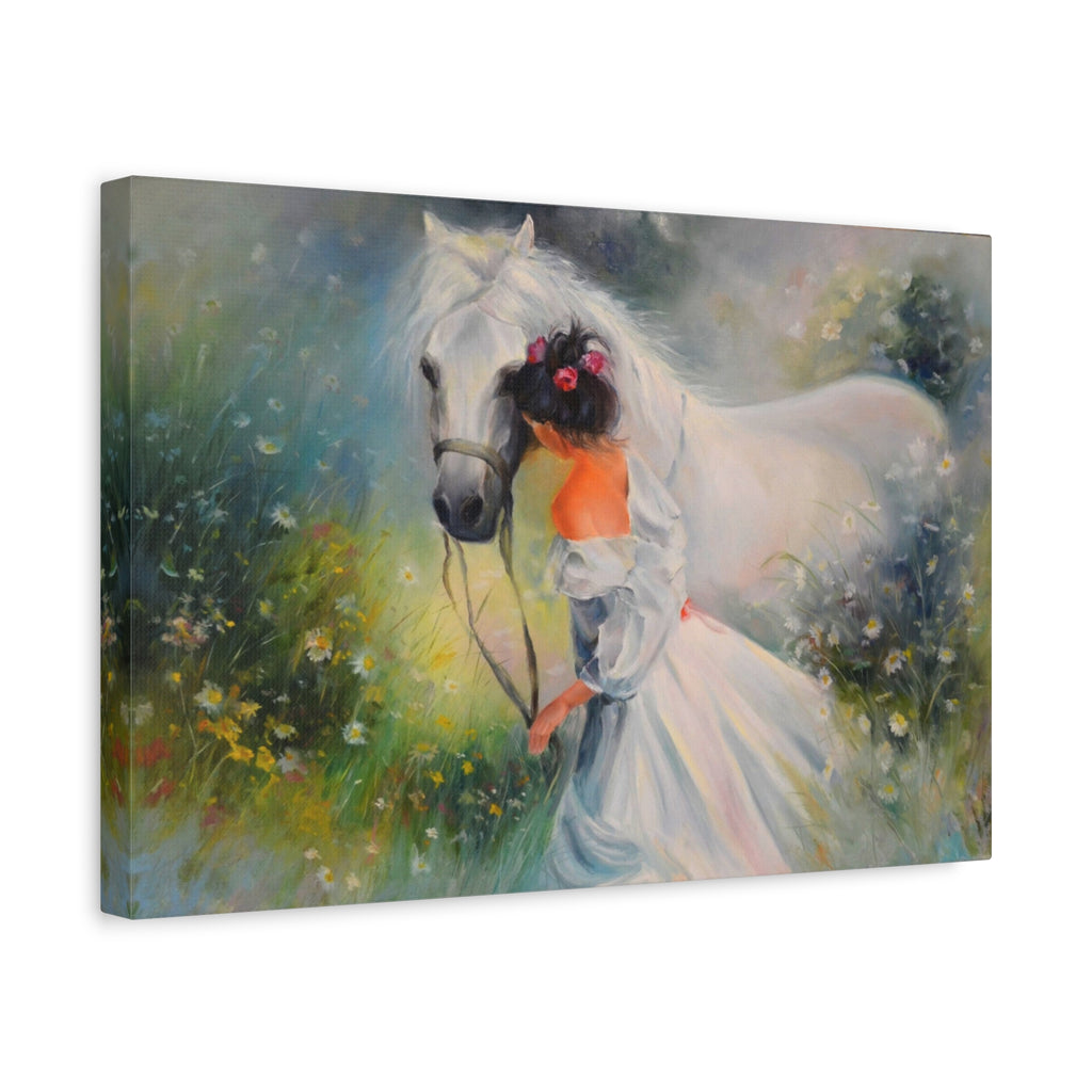 Romantic Girl with White Horse Matte Canvas Wall Art