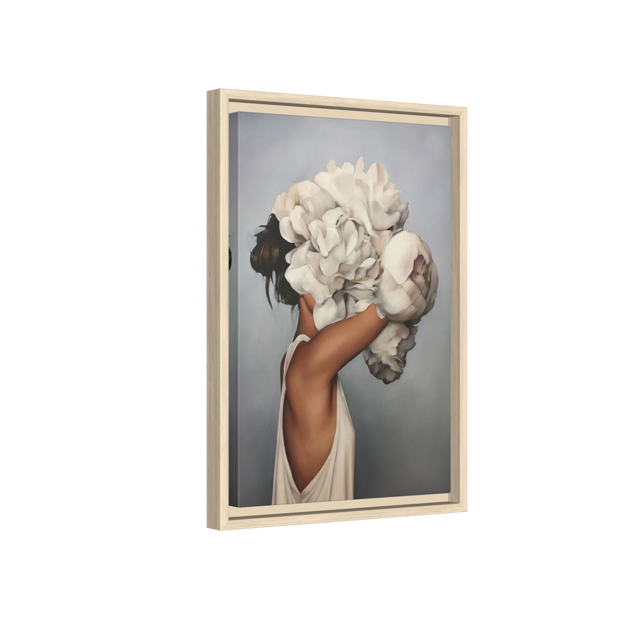 Framed Matte Canvas Art — Woman with Oversized White Peonies (Neutral Floral Wall Decor)