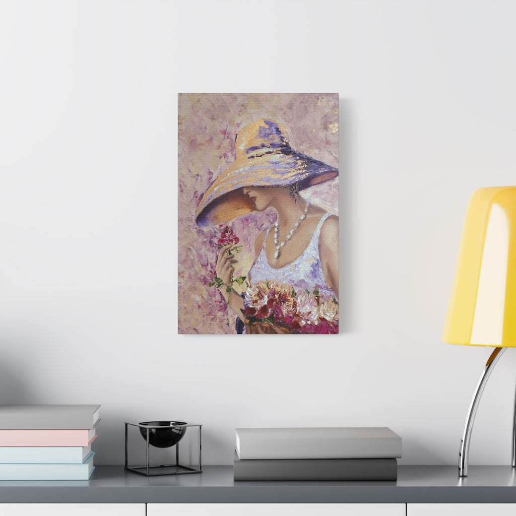 Floral Lady in Wide Brim Hat — Matte Stretched Canvas Wall Art