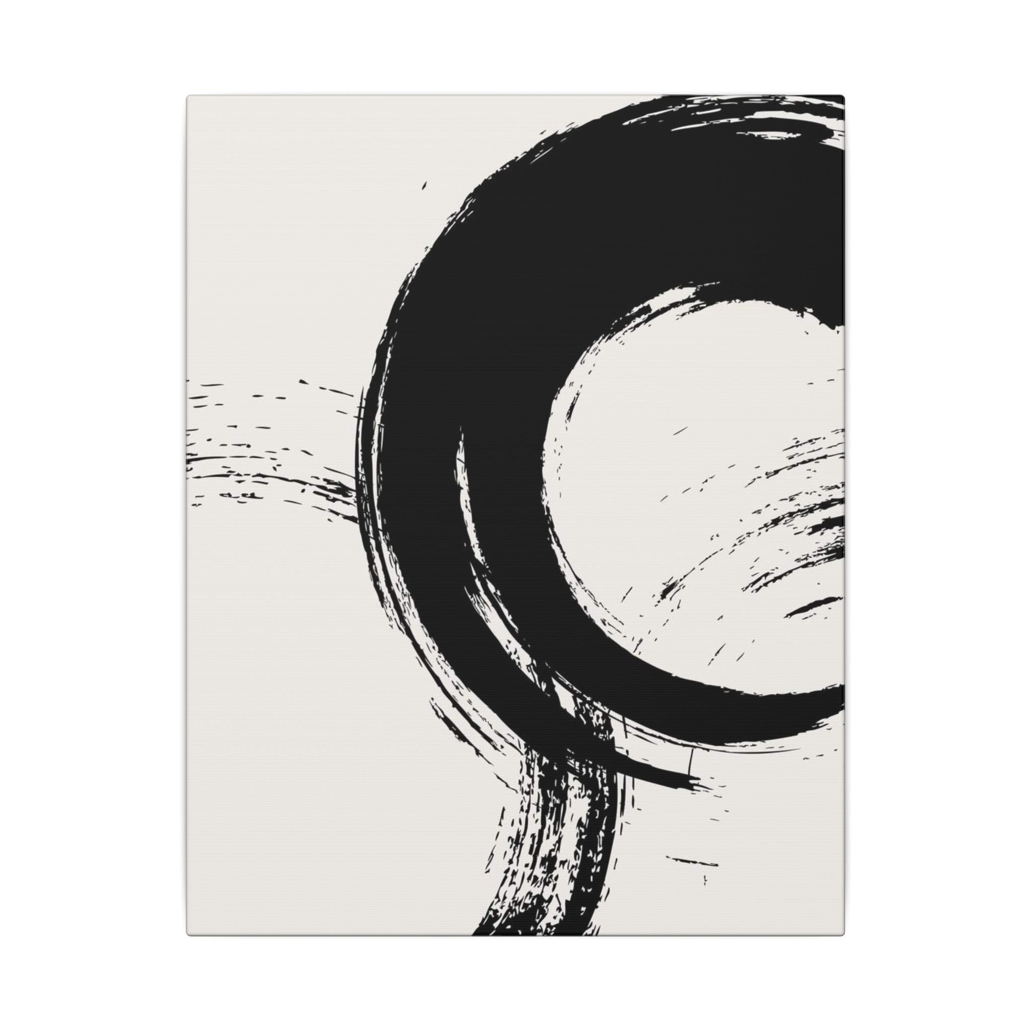 Zen Brushstroke Canvas Wall Art — Minimal Black Circle Abstract 