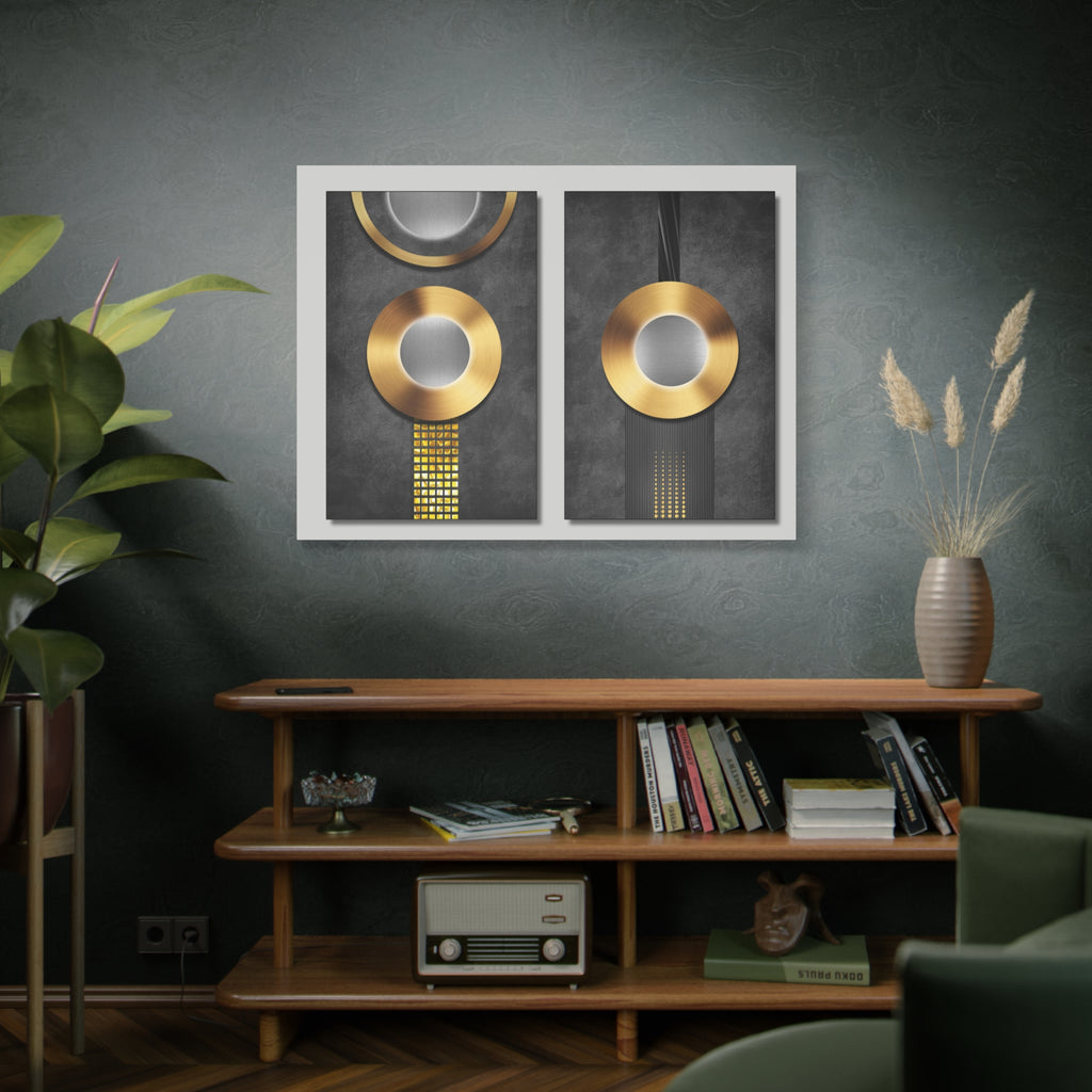 Modern Gold Circles Abstract Canvas Wall Art — Matte Stretched Diptych