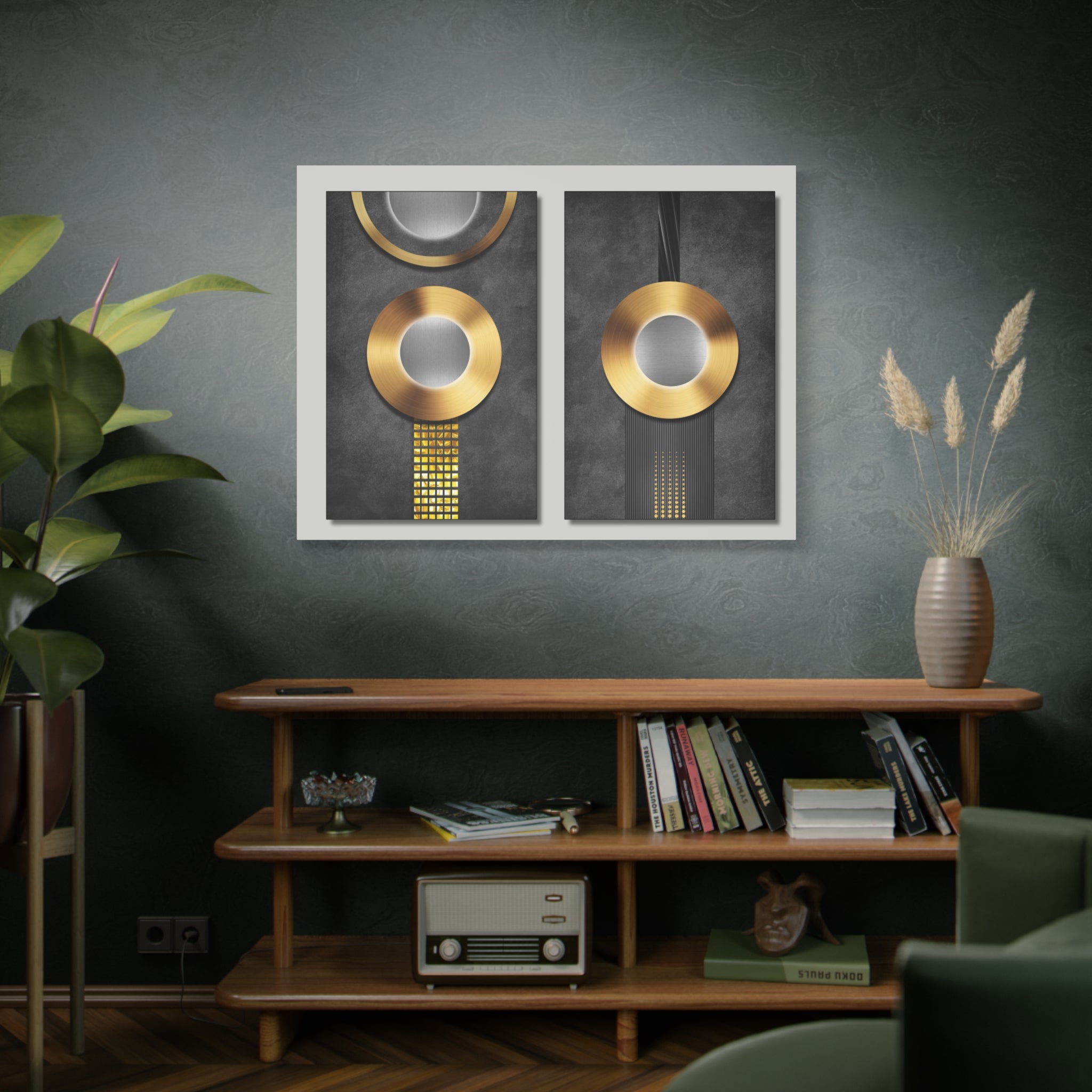 Modern Gold Circles Abstract Canvas Wall Art — Matte Stretched Diptych