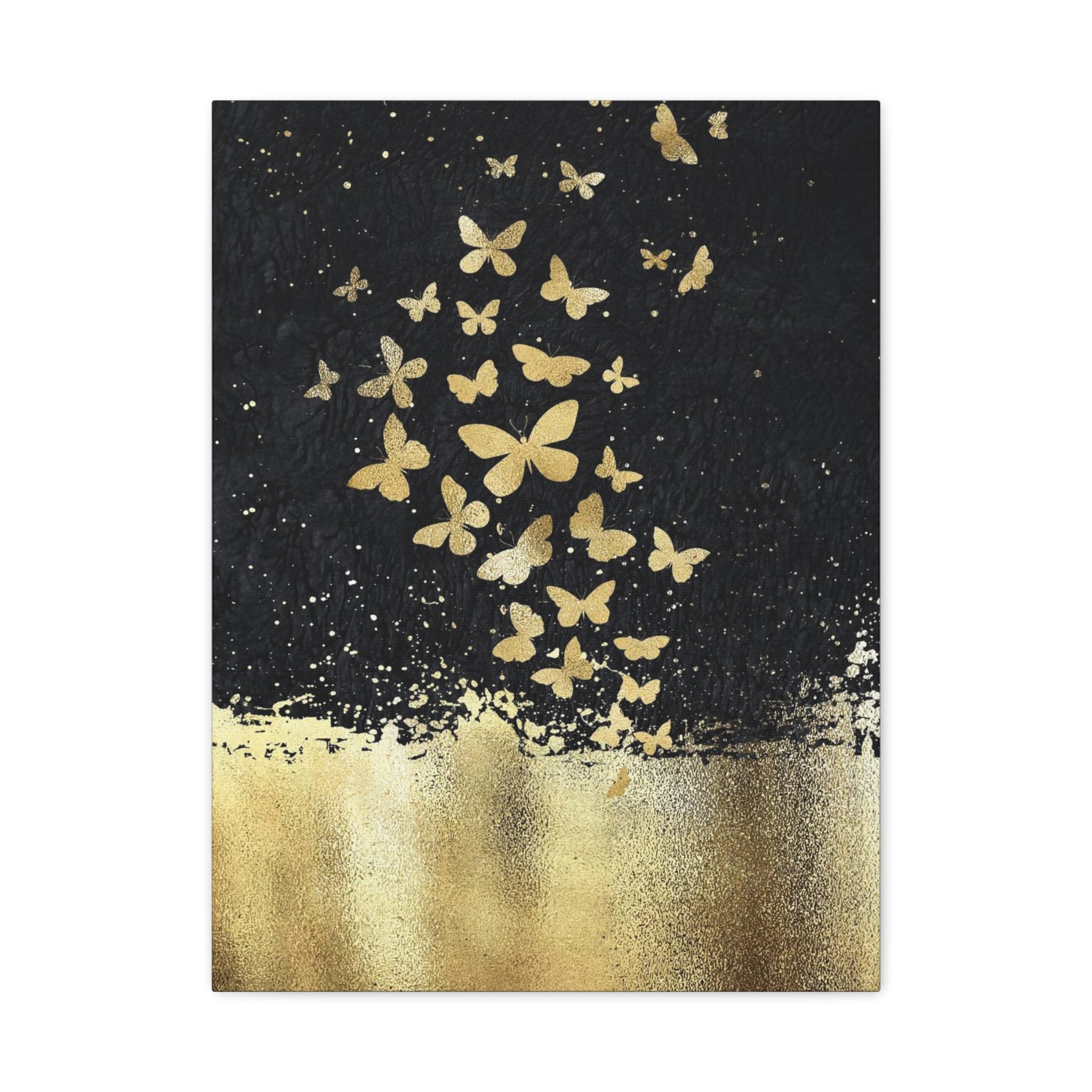 Canvas Art - Gold Butterflies on Black Abstract Matte Stretched Canvas 