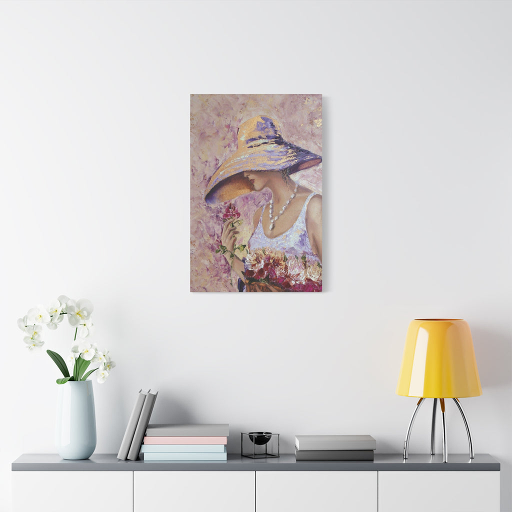 Floral Lady in Wide Brim Hat — Matte Stretched Canvas Wall Art