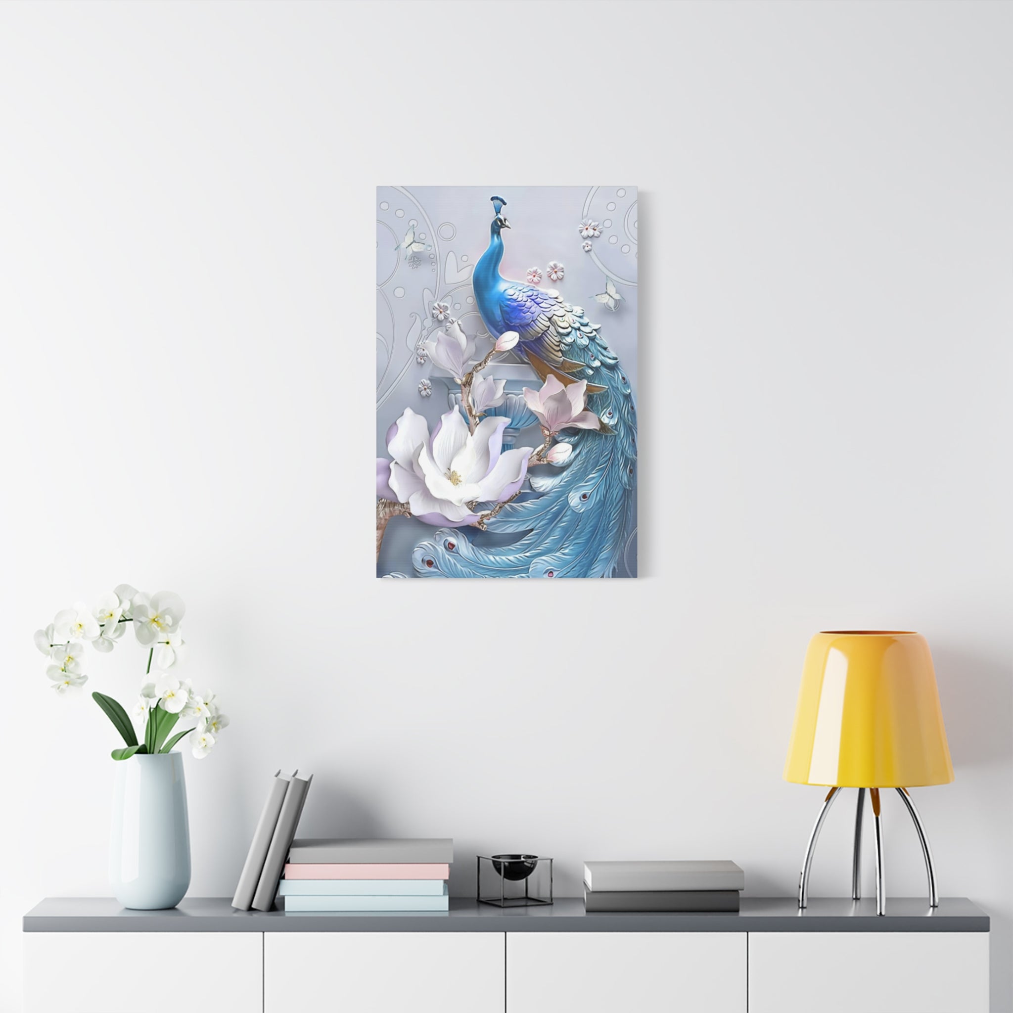 Blue Peacock Floral Canvas Wall Art — Matte Stretched 1.25" 