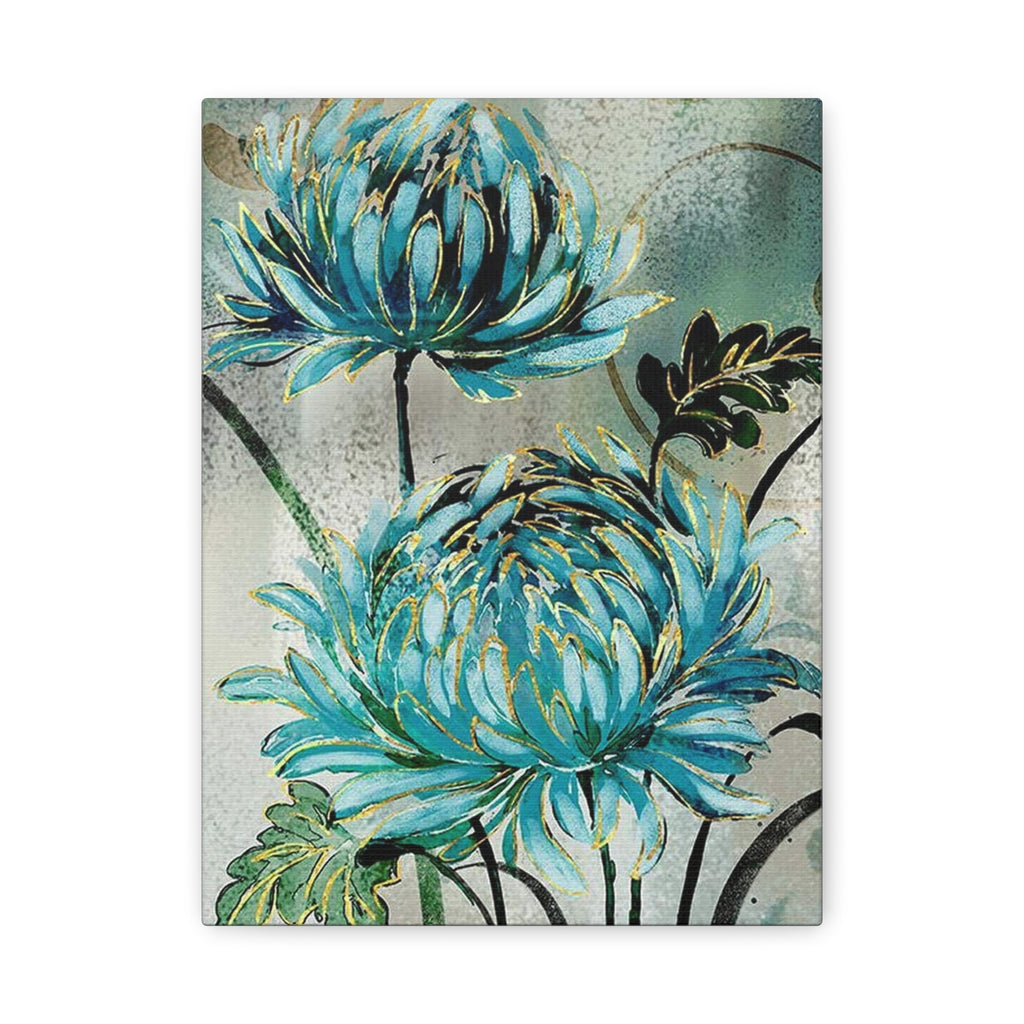 Blue Chrysanthemum Wall Art – Matte Stretched Floral Canvas Print - TheKaraHan