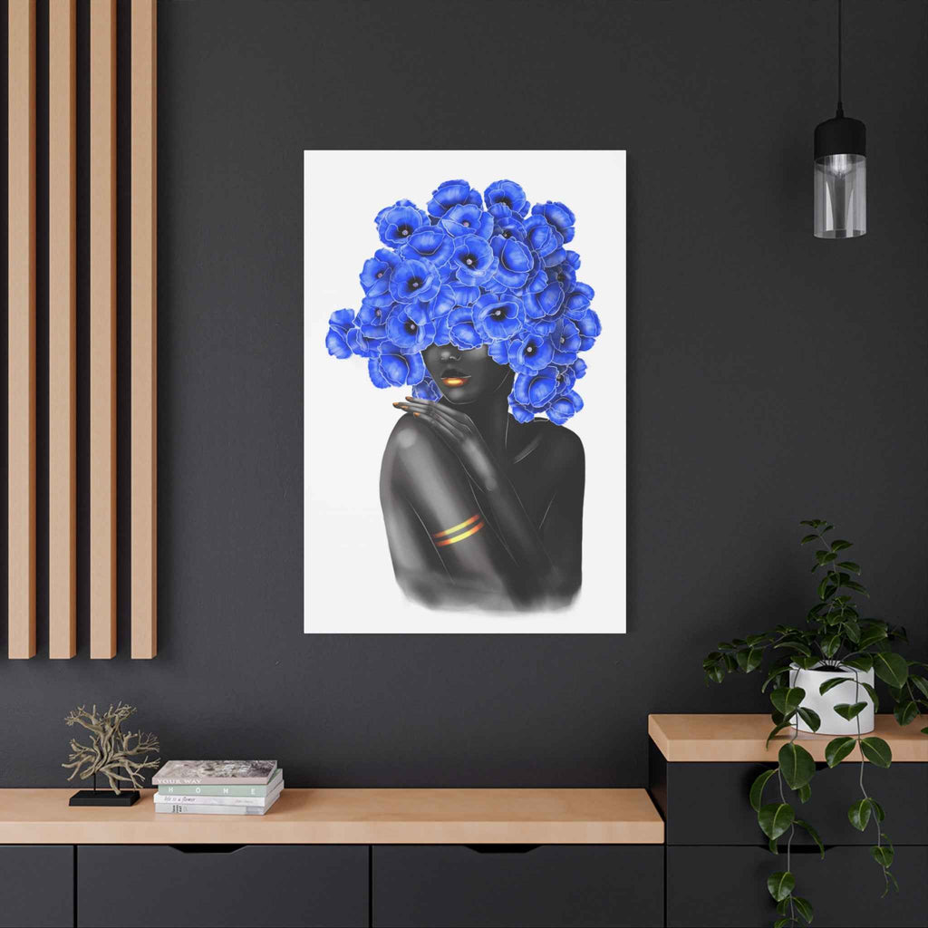 Blue Floral Woman Wall Art, Abstract Black Woman