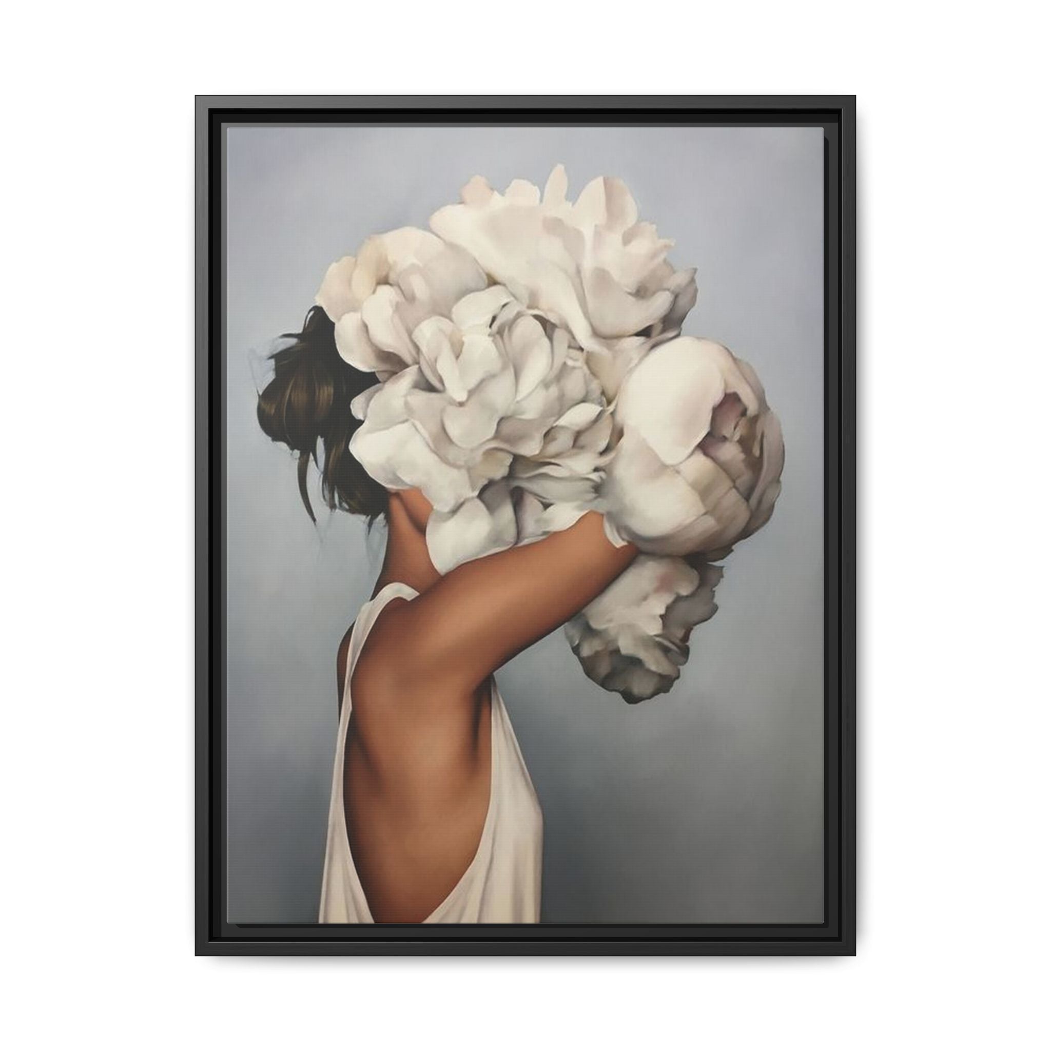 Framed Matte Canvas Art — Woman with Oversized White Peonies (Neutral Floral Wall Decor) 