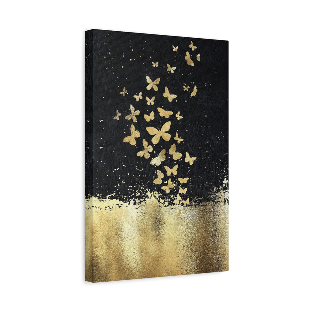 Canvas Art - Gold Butterflies on Black Abstract Matte Stretched Canvas