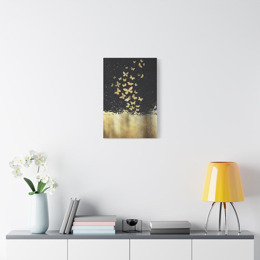 Canvas Art - Gold Butterflies on Black Abstract Matte Stretched Canvas