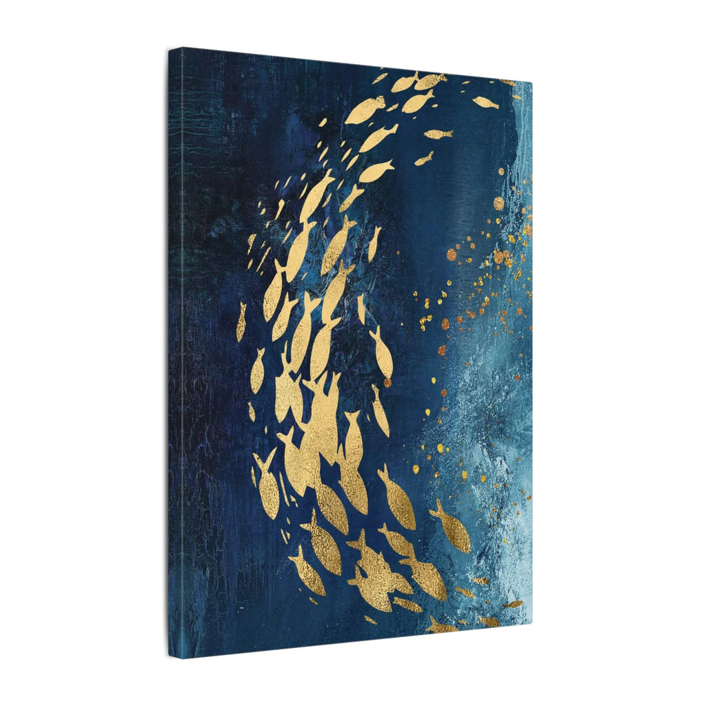 Abstract Gold Fish Canvas — Navy Ocean Wall Art (Matte Stretched)