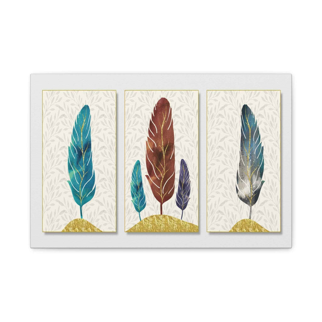 Boho Feather Triptych Canvas Wall Art – Bohemian Feather Wall Decor