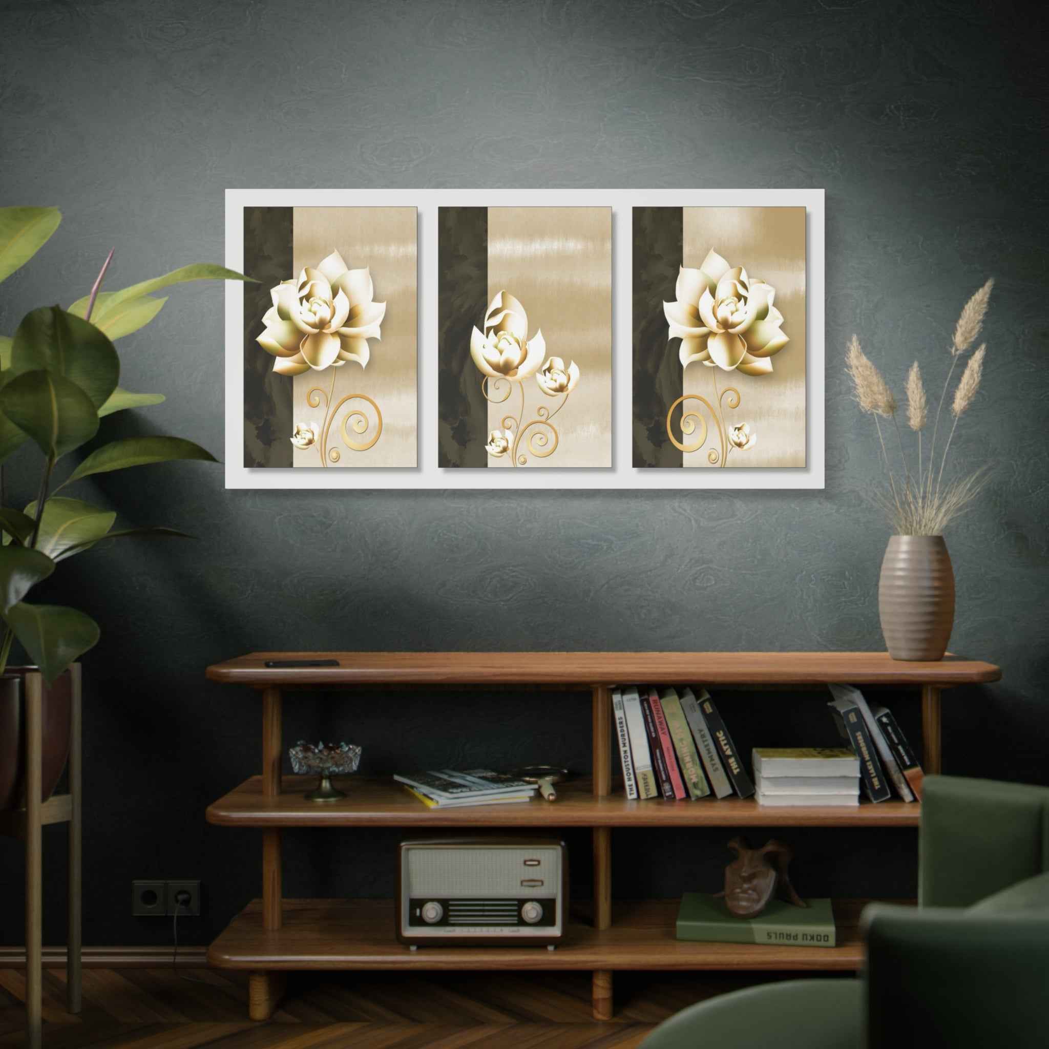 Gold Floral Triptych Canvas Wall Art – Luxury Flower Wall Decor