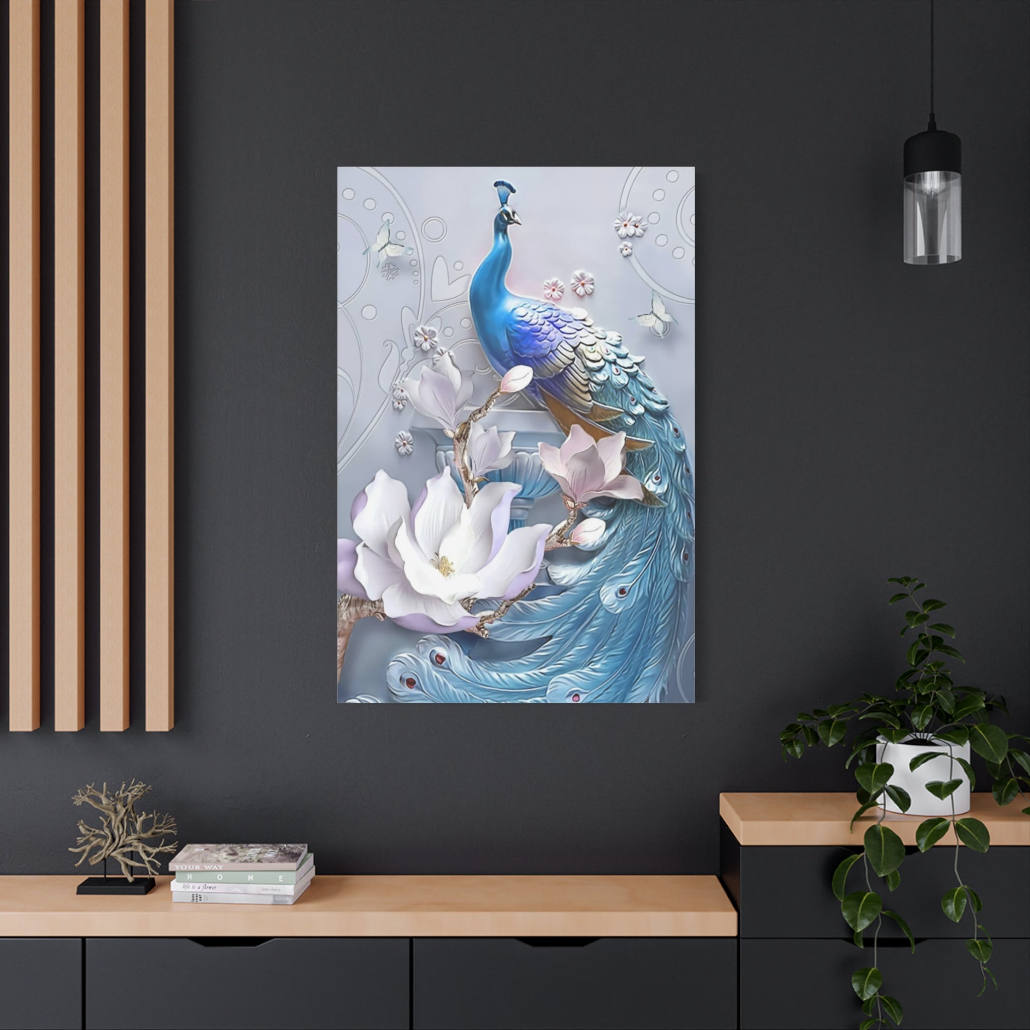 Blue Peacock Floral Canvas Wall Art — Matte Stretched 1.25" 